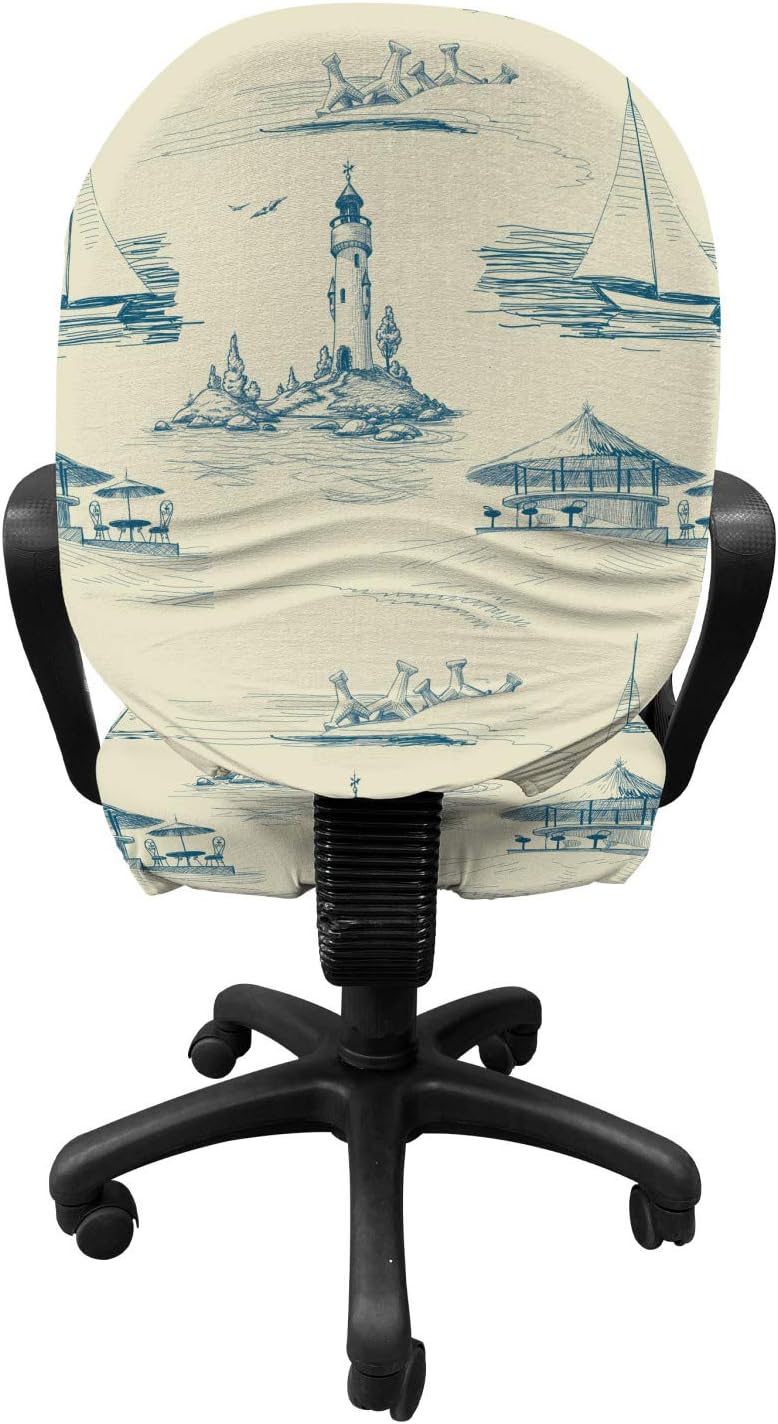 Ambesonne Lighthouse Office Chair Slipcover, Hand Drawn Beach Pattern Summertime Illustration Vacation Tourism Elements, Protective Stretch Decorative Fabric Cover, Standard Size, Blue Beige