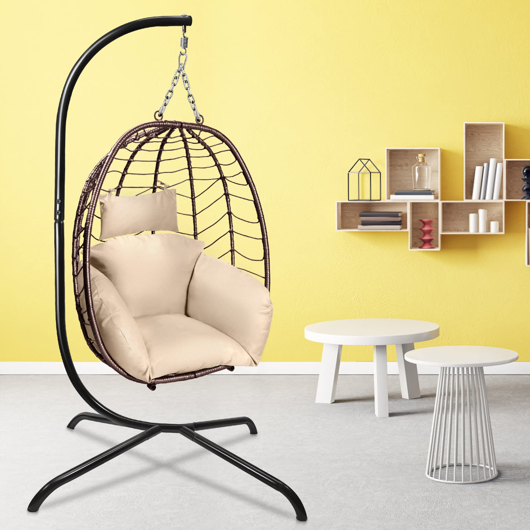 Slendor Egg Chair with Stand, Hanging Patio Wicker Egg Chair with Stand