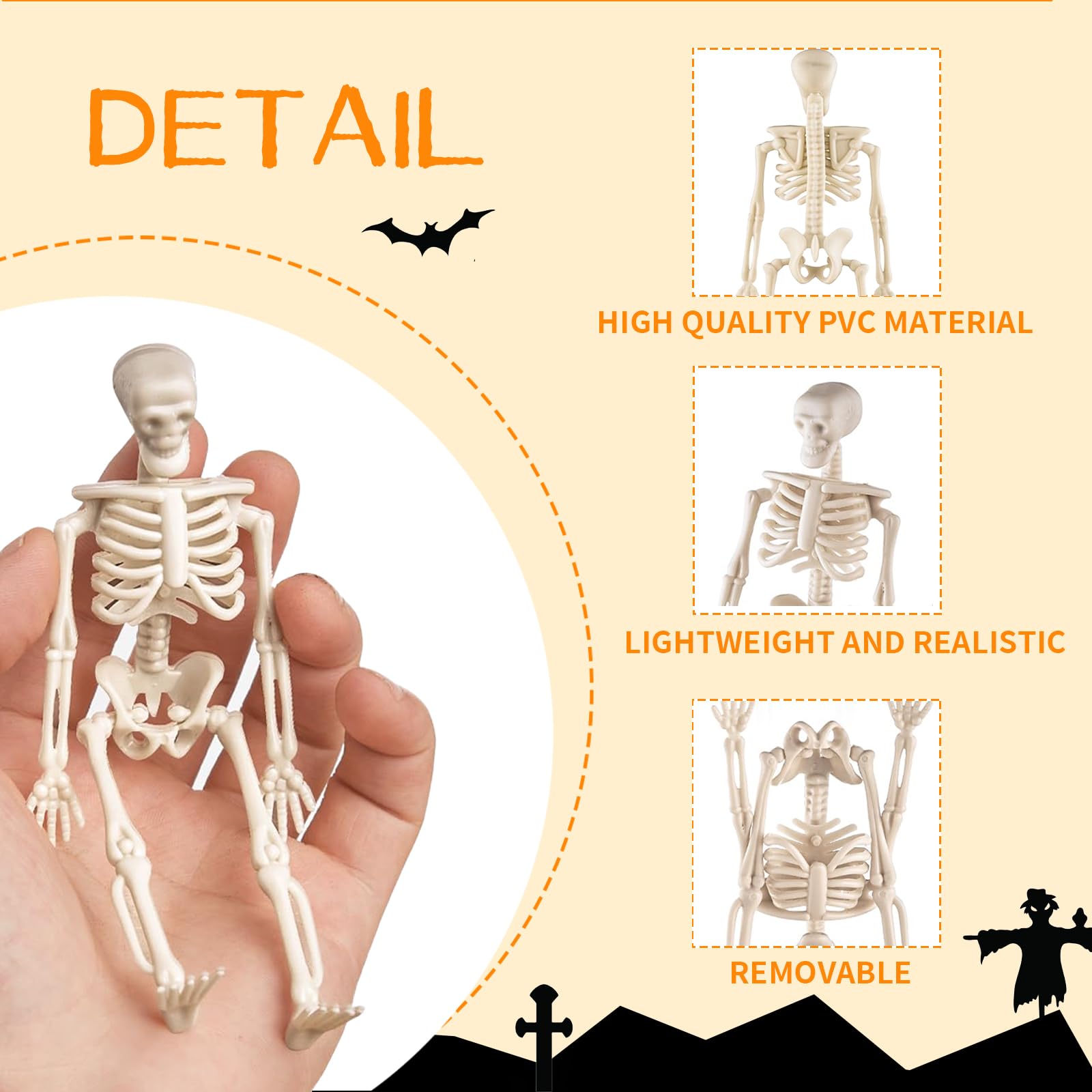 Hebterrka 8 sztuk dekoracyjnych mini szkieletowych figurek na Halloween, 15 cm, wysuwane plastikowe szkielety na straszną dekorację domu na Halloween, dekoracja domu duchów i prezenty na imprezę
