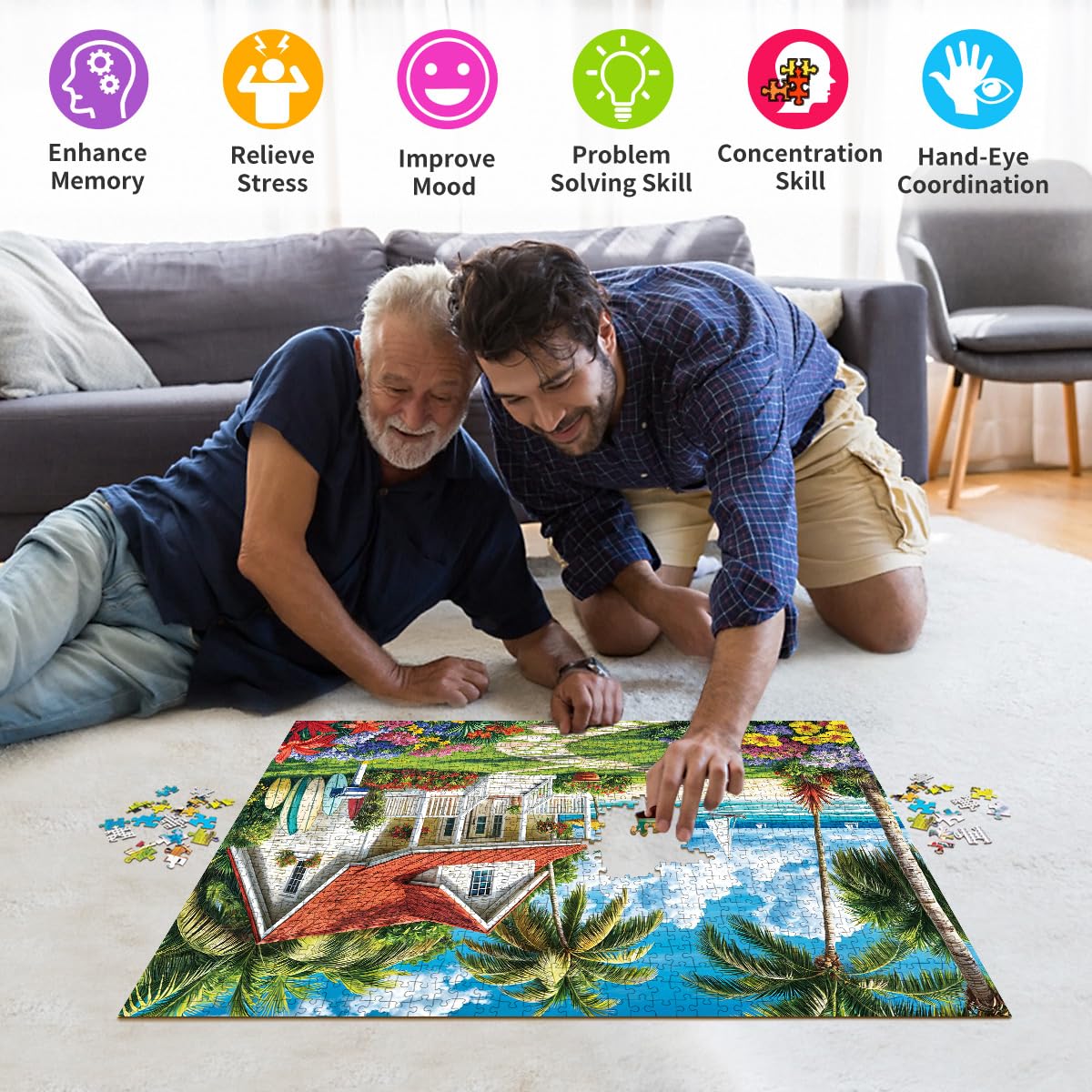 Puzzle für Erwachsene 1000 Teile Puzzle für Erwachsene 1000 Teile Puzzle 1000 Teile Sommer Strand Urlaub Surfen Kokospalmen Holzhäuser