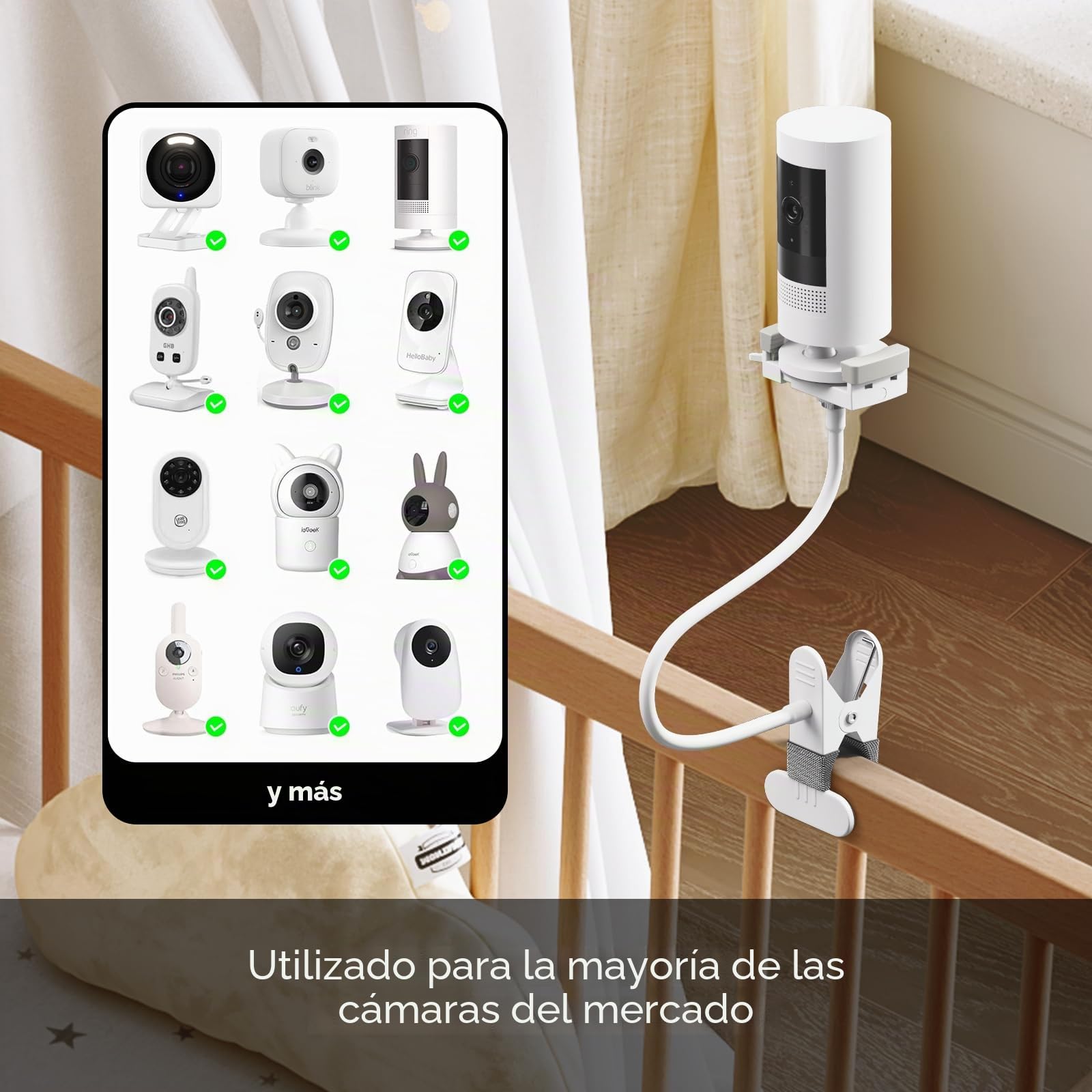 Soporte para vigilabebés GHB, soporte universal para cámara de bebé, compatible con Philips Avent/VTech/Momcozy/Hellobaby/ieGeek/Boifun, para cuna de hasta 0 – 5,5 cm