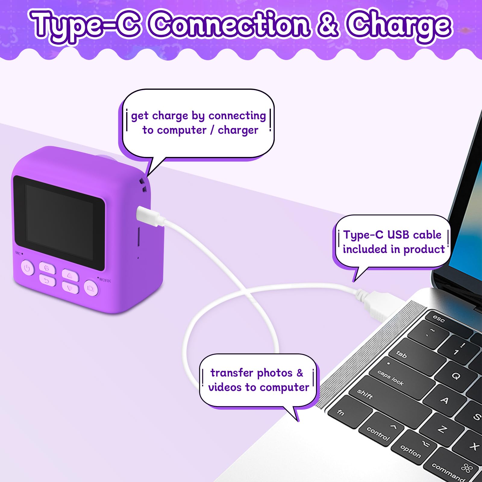 Cámara de impresión instantánea para niños, digital 1080P con tarjeta de 32 GB, portátil con cordón, para niñas y niños de 3 a 8 años 5