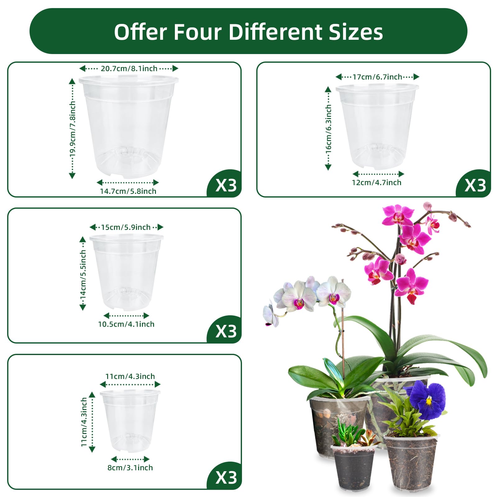 12 Vasi Per Orchidee Trasparenti In Plastica, Set Da 11, 14 E 16 Cm, Con Fori Di Drenaggio