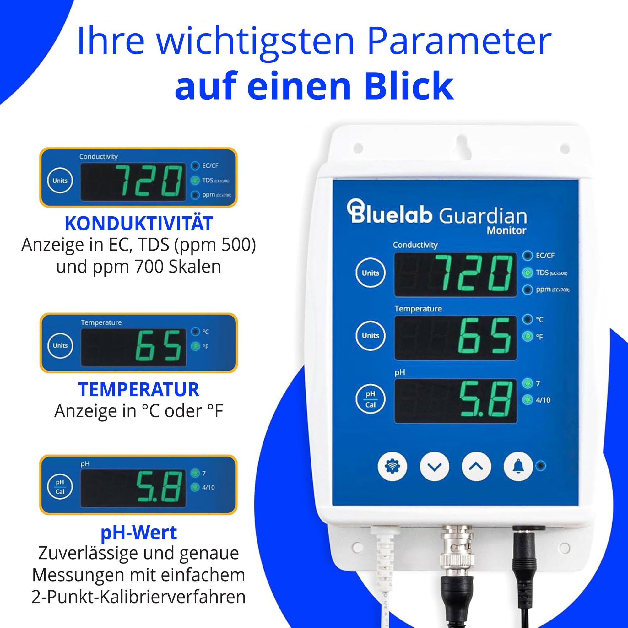 Bluelab Guardian Monitor Wi-Fi – Echtzeit-Messung von pH, Temperatur & Leitfähigkeit (TDS) im Wasser, kalibrierbar, 3-in-1 Digitales Nährstoffmessgerät – Für Hydroponik & Indoor-Pflanzenzucht