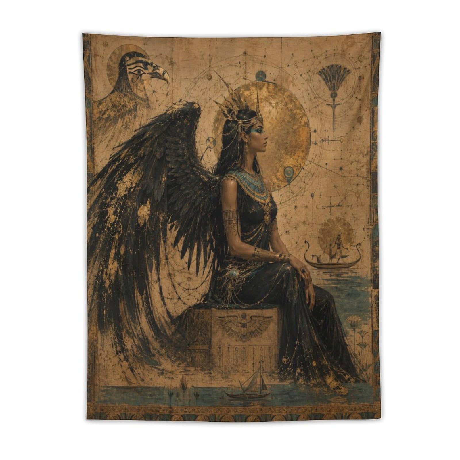 H3B8U2Y5 Egyptian Winged Goddess Seated Wall Tapestry, Papyrus Temple