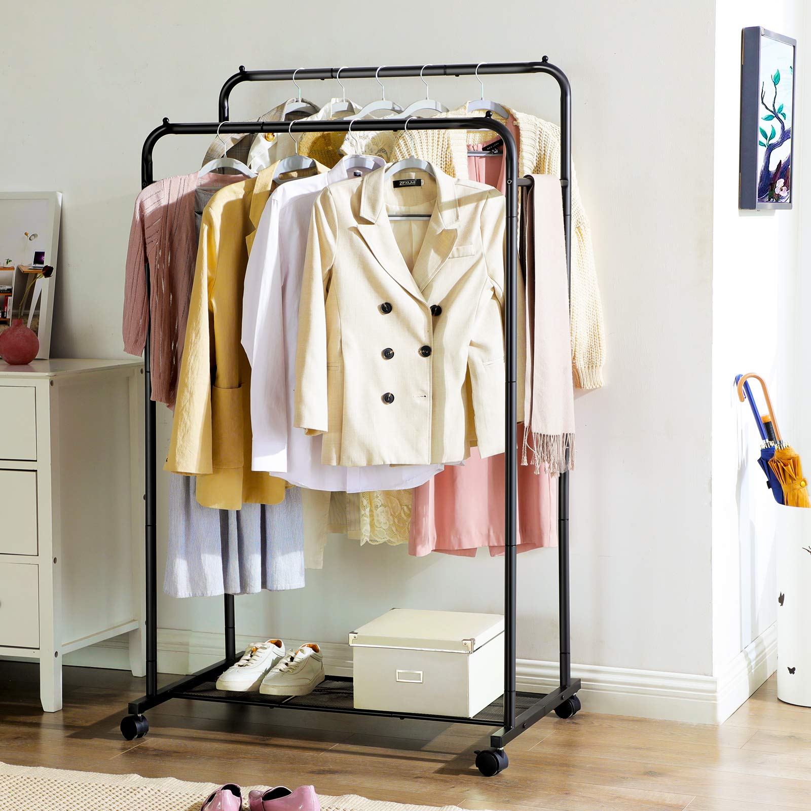 Buy SONGMICS DoubleRail Clothing Rack on Wheels, Metal Garment Rack with Mesh Shelf, Each Rail