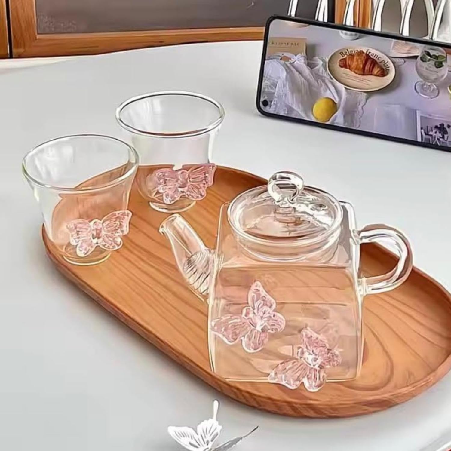 Angich Butterfly Embossed Borosilicate Glass Teapot Set with 2 Cups Elegant Clear Kettle for Tea & Beverages | Heat-Resistant, Lightweight & Stylish Design 1
