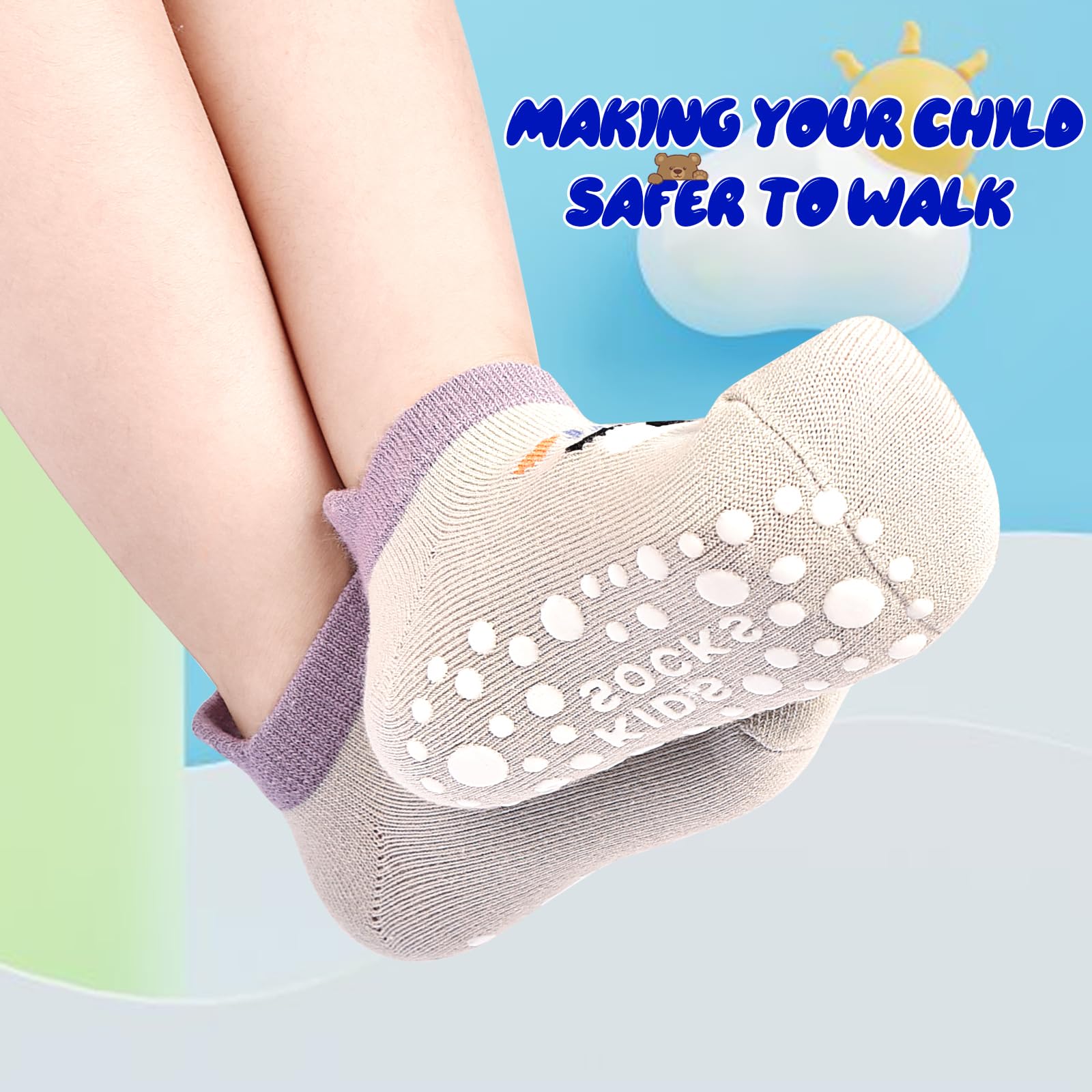 ELUTONG Calzini antiscivolo per bambini, 6 paia di calzini alla caviglia per bambini con impugnatura, simpatici cartoni animati, calzini antiscivolo per bambini da 0 a 5 anni