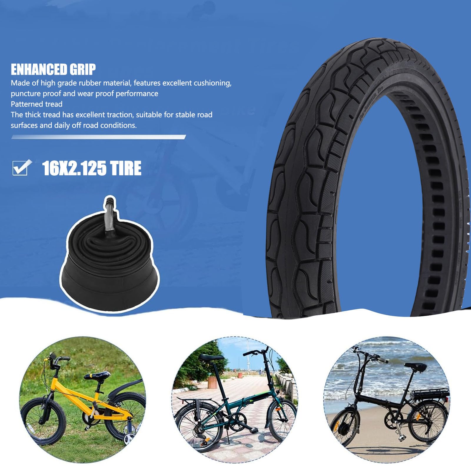 banapoy Pneumatico Solido 16x2.125, Pneumatico in Gomma Antiforatura Antideflagrante da 16 Pollici con Ammortizzazione Migliorata per Scooter Elettrici Bici Elettrica, Ruota per