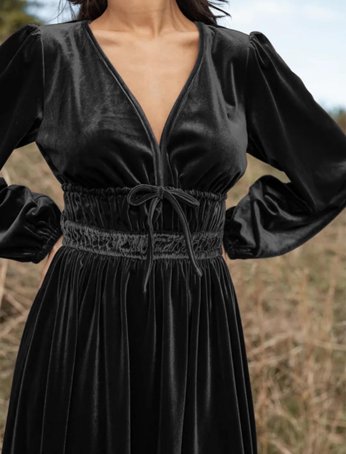 ZAFUL Womens Long Sleeve Velvet Dress 2025 Fall V Neck Holiday Cocktail Party Semi Formal Midi Dresses for Wedding Guest - Image 7