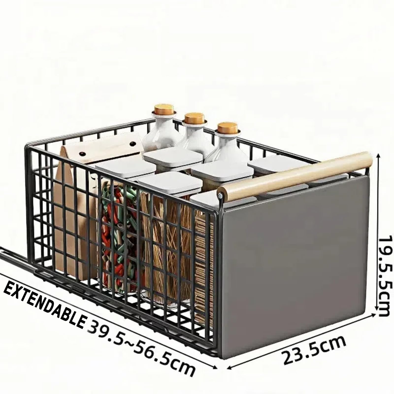 Cassetto Estraibile Telescopico per Mobile da Cucina – Organizer Senza Foratura con Manico in Legno Guide Scorrevoli e Nastro Adesivo – 39,5×23,5×19,5 cm per Detergenti Padelle Spezie