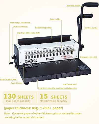 Miniatura 2 de Rayson TD-1500B34R - Máquina de encuadernación con agujeros redondos, perforadora de alambre de paso 3:1, 15 hojas/encuadernación de 130 hojas con