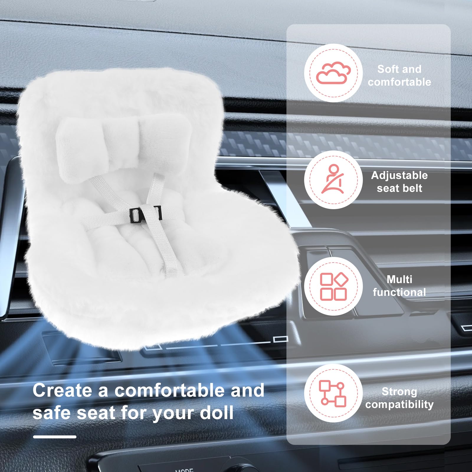 Car Dolls Safety Seat,Car Seat for Dolls with Soft Furry Cushion,Air Vent Clip and Desktop Stand,Cute and Functional Car Ornament for Fans and Doll Collectors Kids Adults Girls Women(White) - Image 2