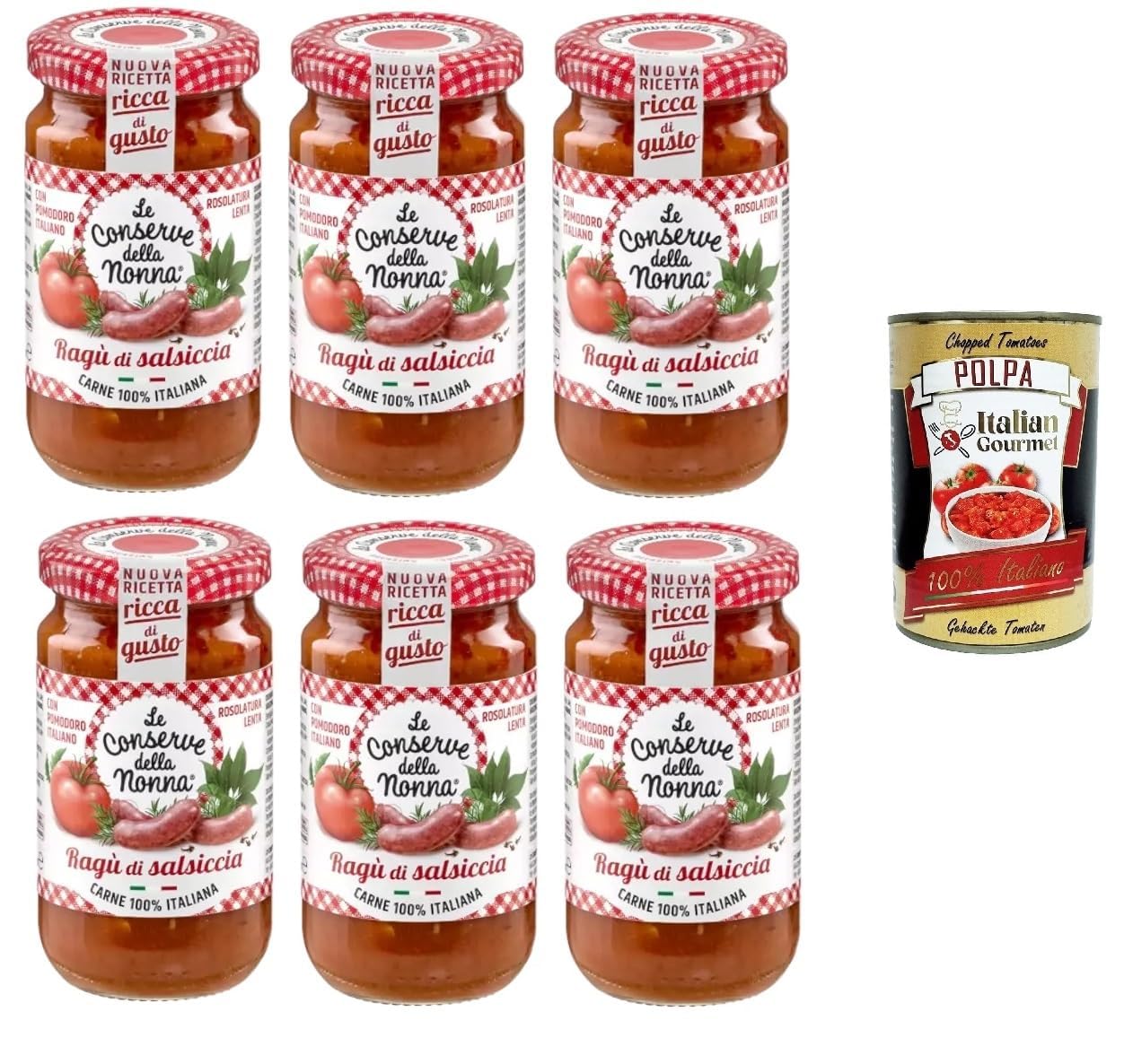 Italian Gourmet Bundle 6 x Sauce Ragù à la Saucisse 190 g + Italian Gourmet Polpa, Sauce Tomate à la Saucisse, Viande 100% Italienne, Tomate Italienne, Sauce pour Pâtes, Ragù Italien Prêt à l’Emploi