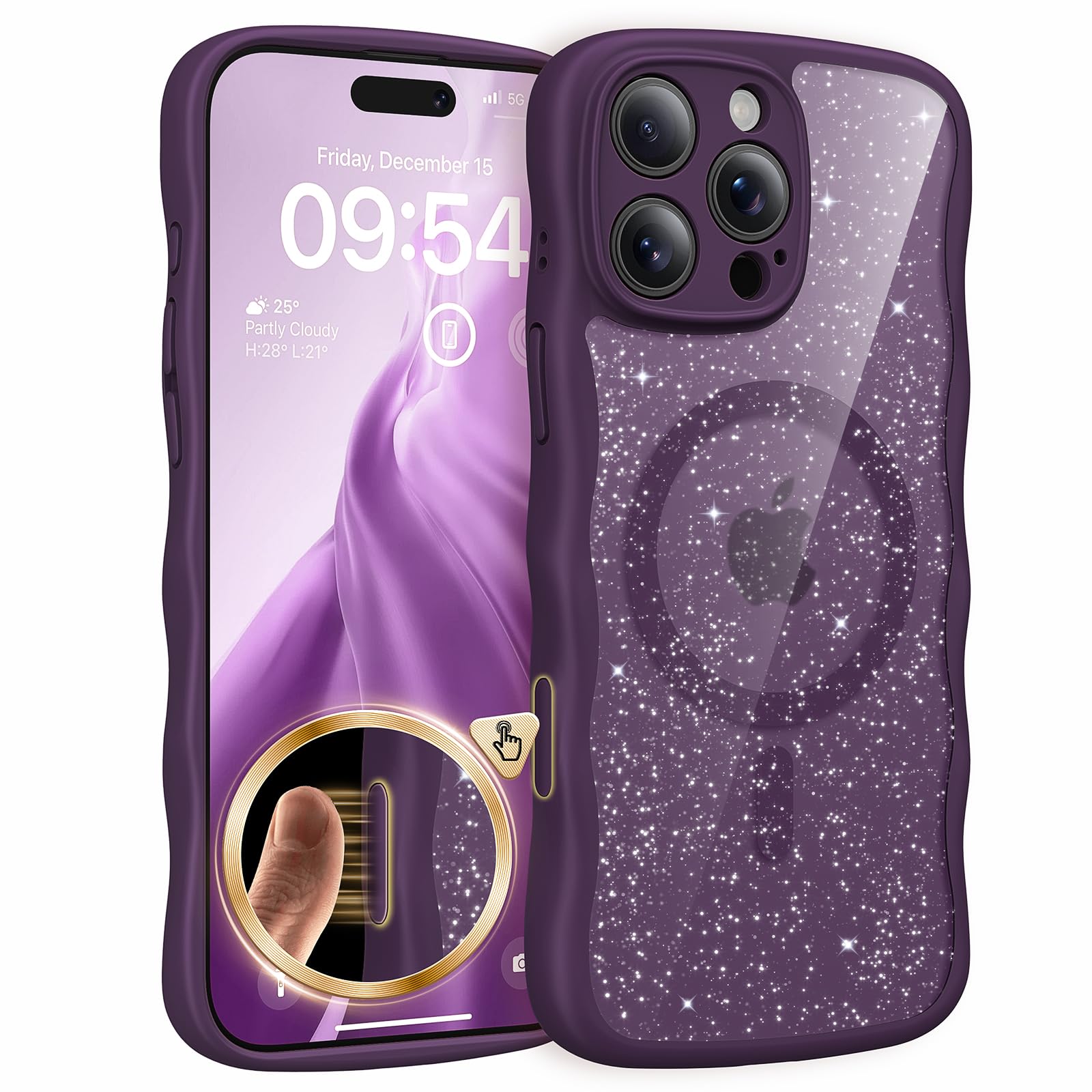 Photo 1 of TAURI Magnetic for iPhone 16 Pro Max Case, Cute Wavy Design [Full Camera Protection] [Compatible with Magsafe] Anti-Slip Translucent Matte Case for iPhone 16 Pro Max for Women Girls, Glitter Purple