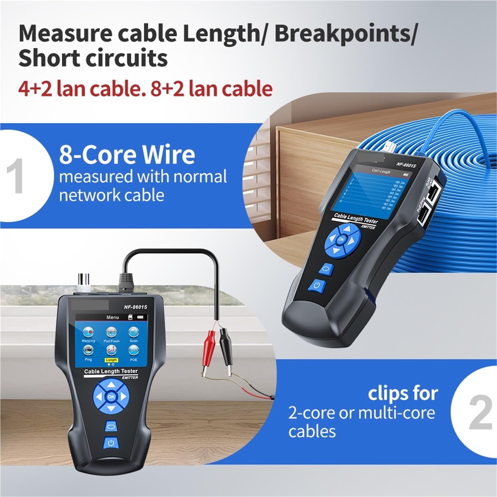 Tester per cavi di rete, Tester Per Cavi Di Rete, TDR Multifunzione Con Tensione PoE/PING/porta, Strumento Diagnosi, Rilevatore Tracciamento Della Mappatura Dei,per cavo di rete