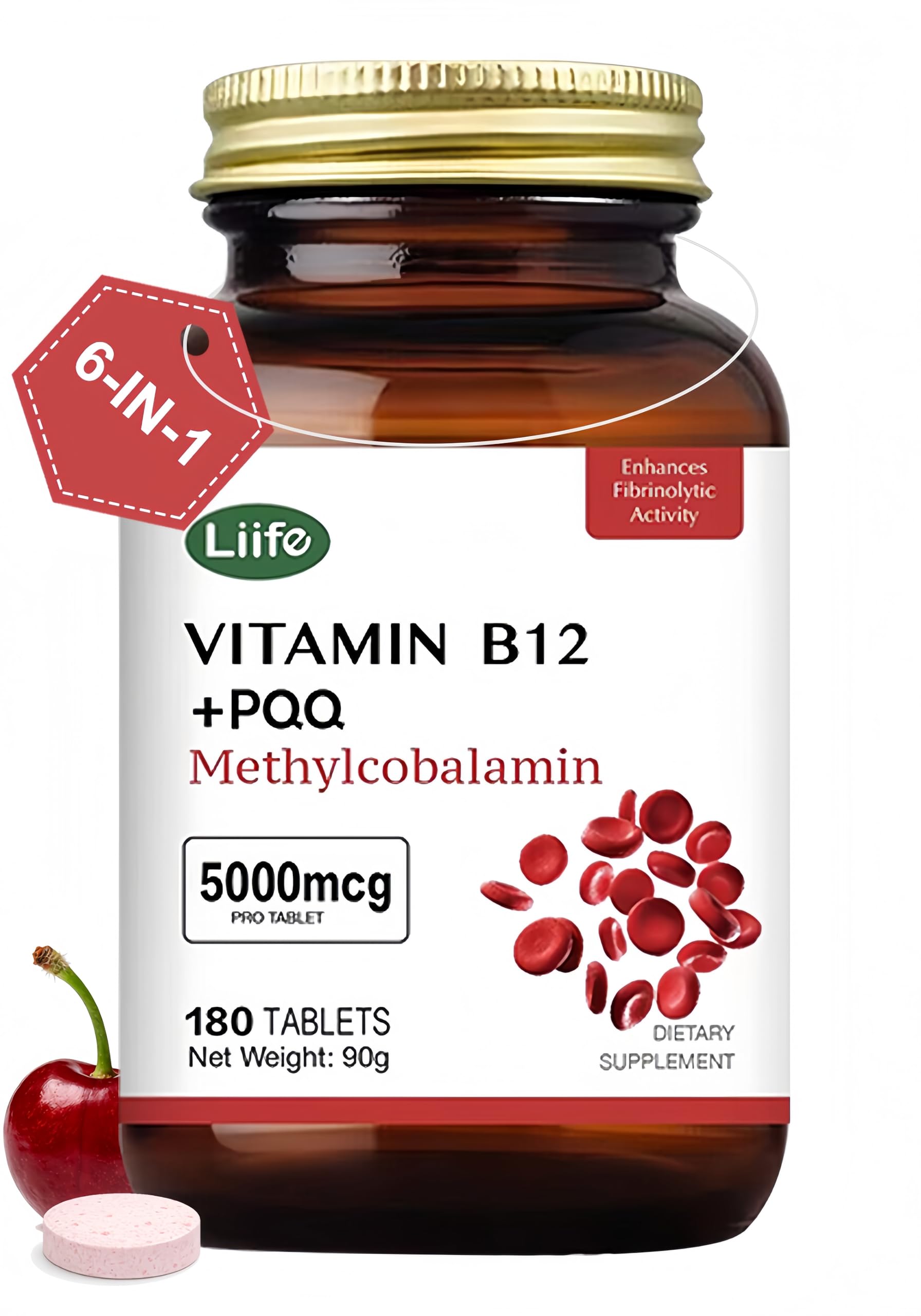 LIIFE Suplemento de vitamina B12 com metilcobalamina, PQQ e 5-MTHF 5.000 mcg, 180 comprimidos