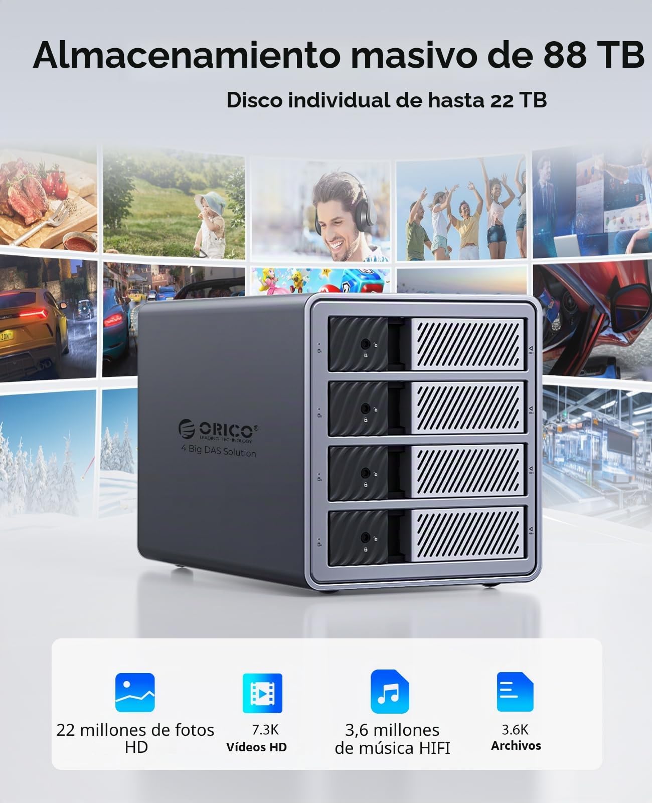 ORICO Caja de Aluminio Raid para 4 Discos Duros de 3,5 Pulgadas hasta 4X 22 TB, Fuente de Alimentación de 150W Integrada, con Ventilador, Soporta Raid 0/1/5/10 (9848RU3)