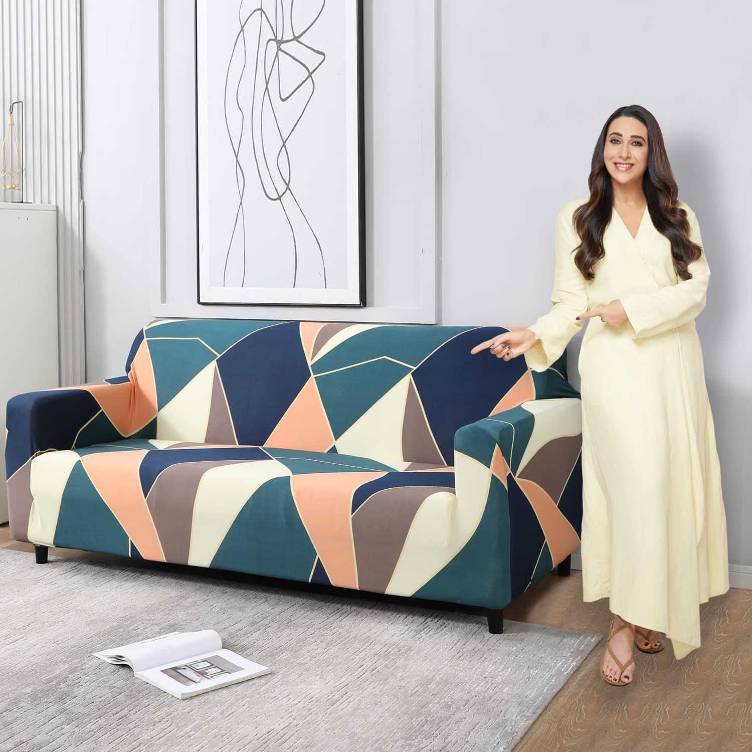 Elastic Stretchable Universal Sofa Cover 3 Seater, Green Peach Abstract (AR-4095-D14)