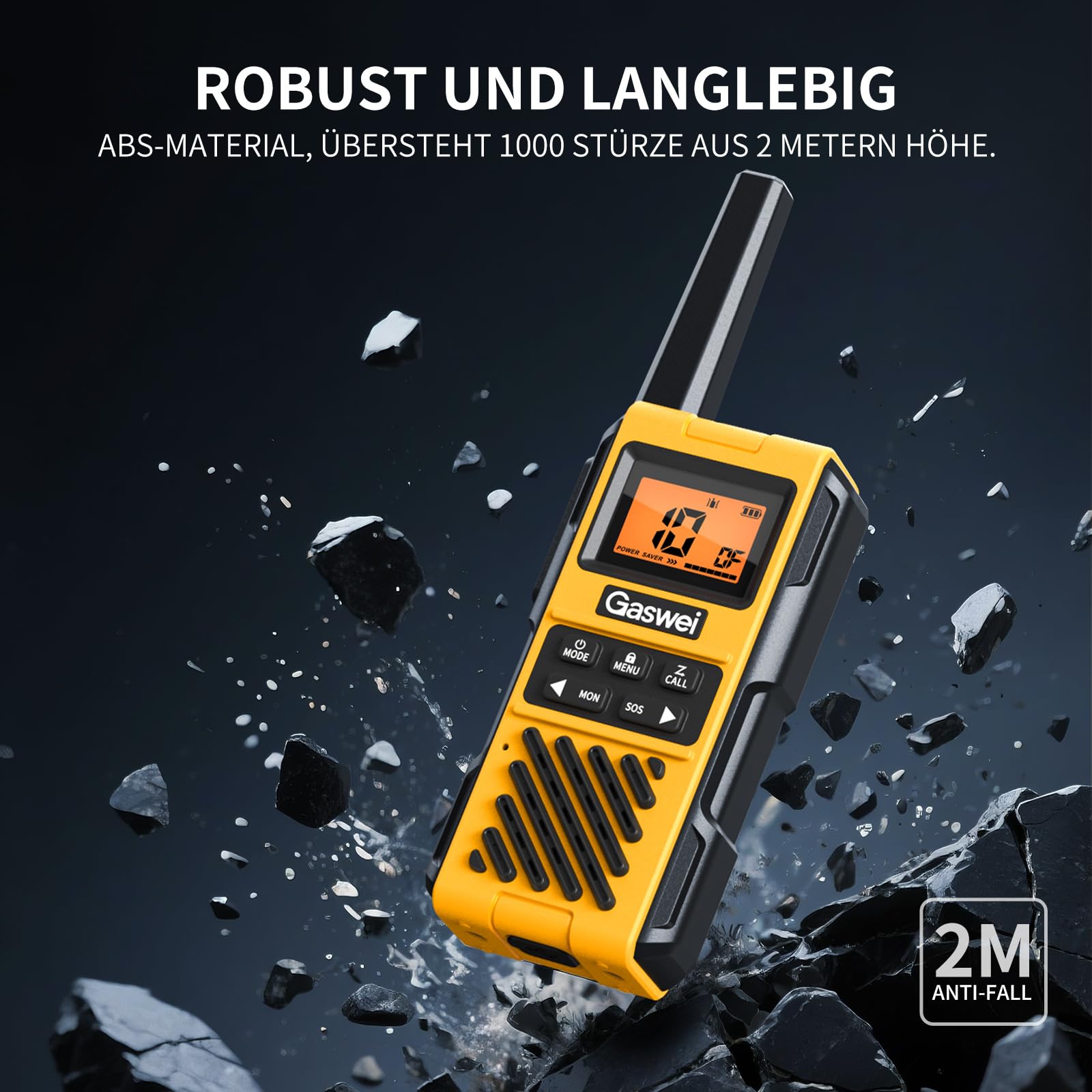 Gaswei G1pro+ IP67 wasserdichte Walkie-Talkies mit großer Reichweite | Lizenzfreies PMR 446 Funkgerät mit VOX-Handsfree, SOS-Notruf & FM-Radio für Camping, Outdoor, Reisen & Baustelle (2 Stück)