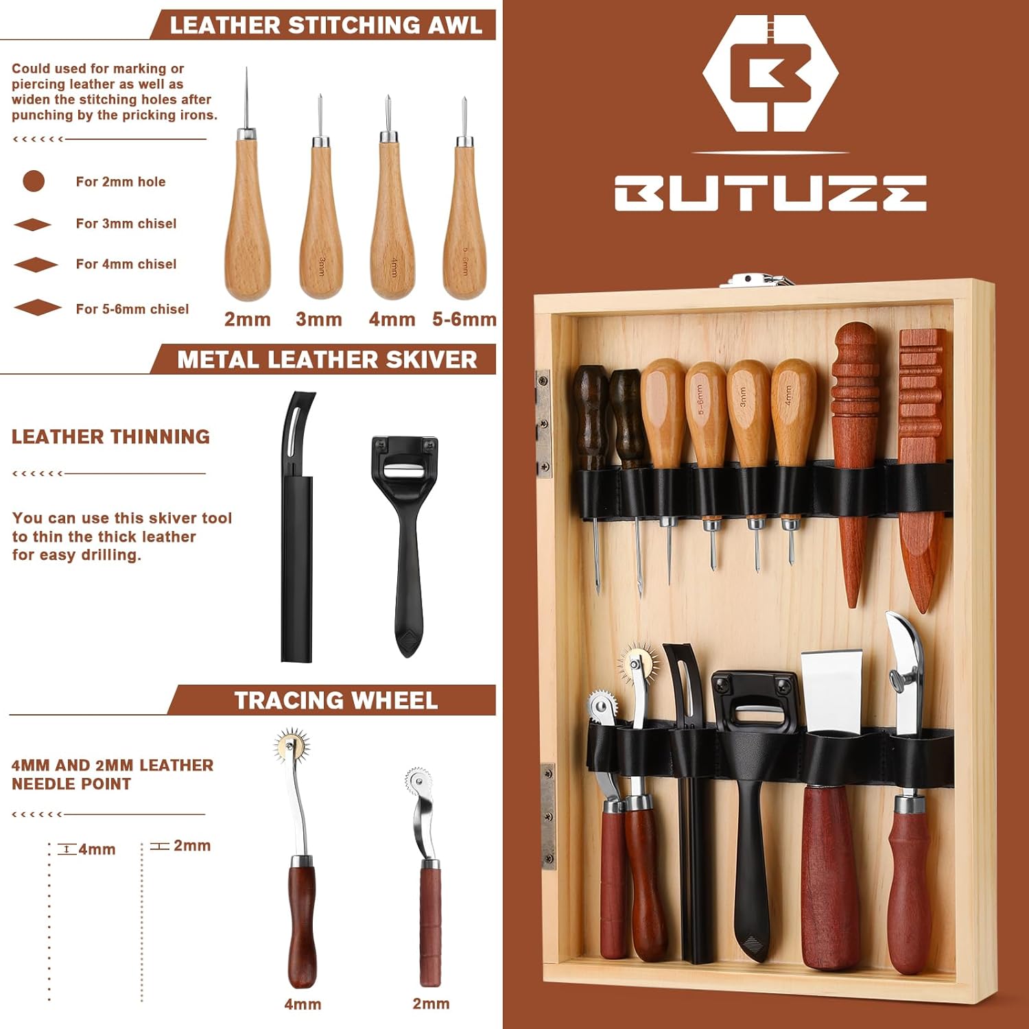 BUTUZE Leather Working Kit, Boxed Leather Tooling Kit, Leather Crafting Tool Kit, Cutting, Punching, Carving, Heavy Duty Leather Sewing Kit Professional Leather Working Tools and Supplies