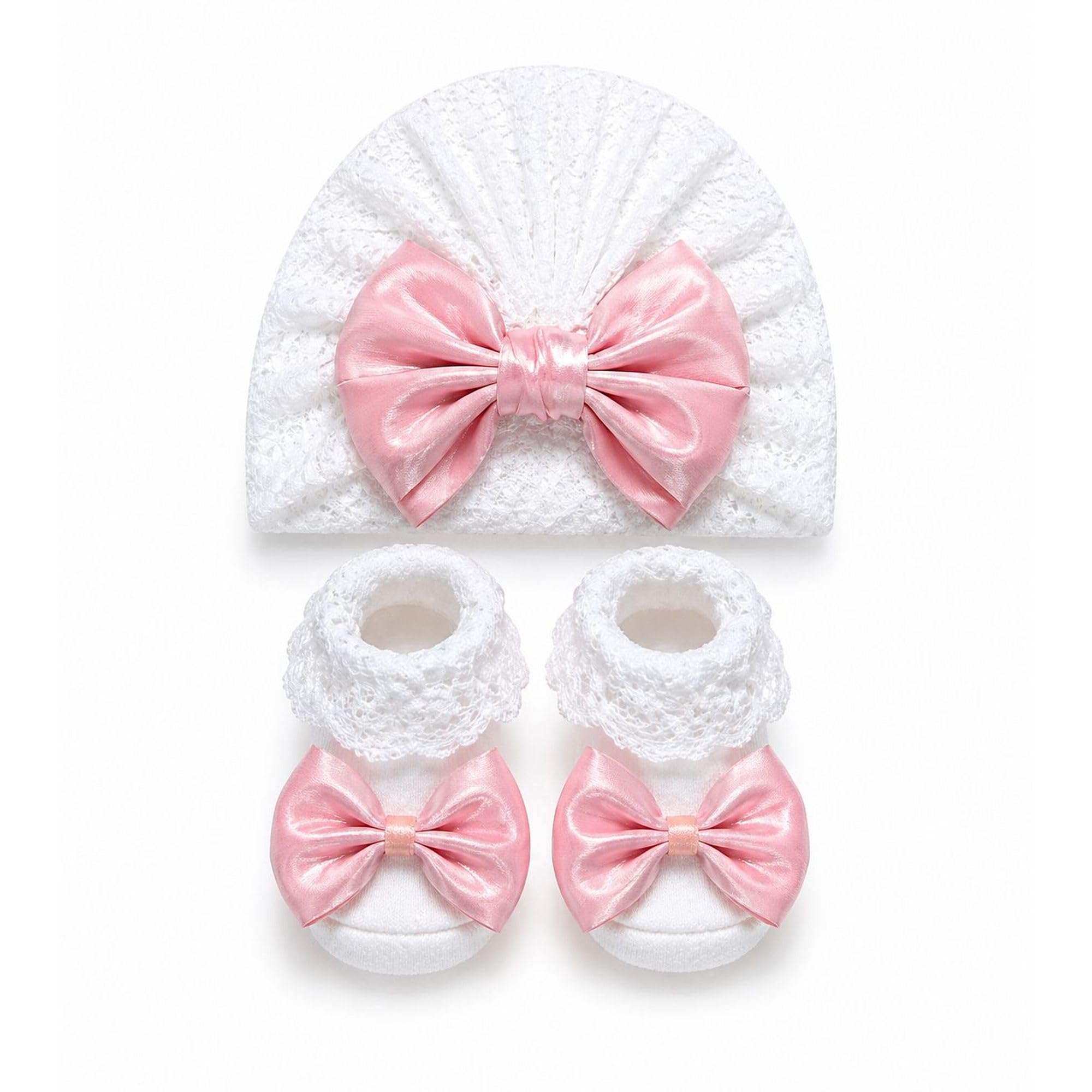 Hi Mom Newborn Baby Girl Cap and Booties Set with Satin Bow Soft Lace Beanie Hat Infant Socks Gift Set for Newborn Girls Baby Shower Photography Outfit 0-6 Months-image-9