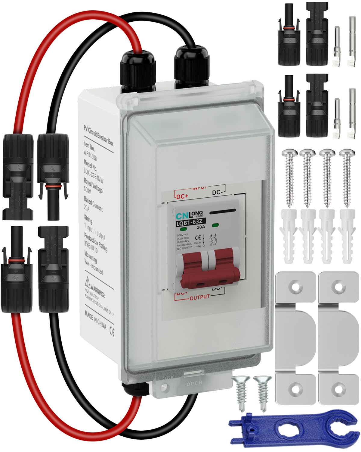 CNLONQ DC Trennschalter PV Anlage 20A 500V Sicherungsautomat 2polig IP66 Wasserdicht mit Solar Kabel und Metallhaken für Solarmodule, Einspeisesteckdose und Balkonkraftwerk