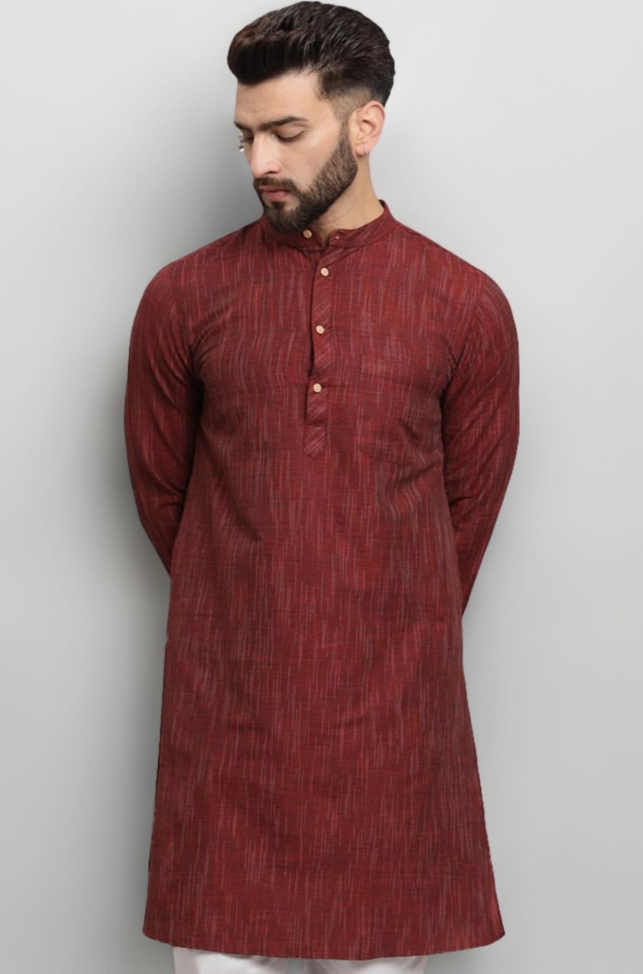 LATEST CHIKAN Men's Cotton Regular Textured Long Kurta Full Sleeves - Casual Ethnic Wear