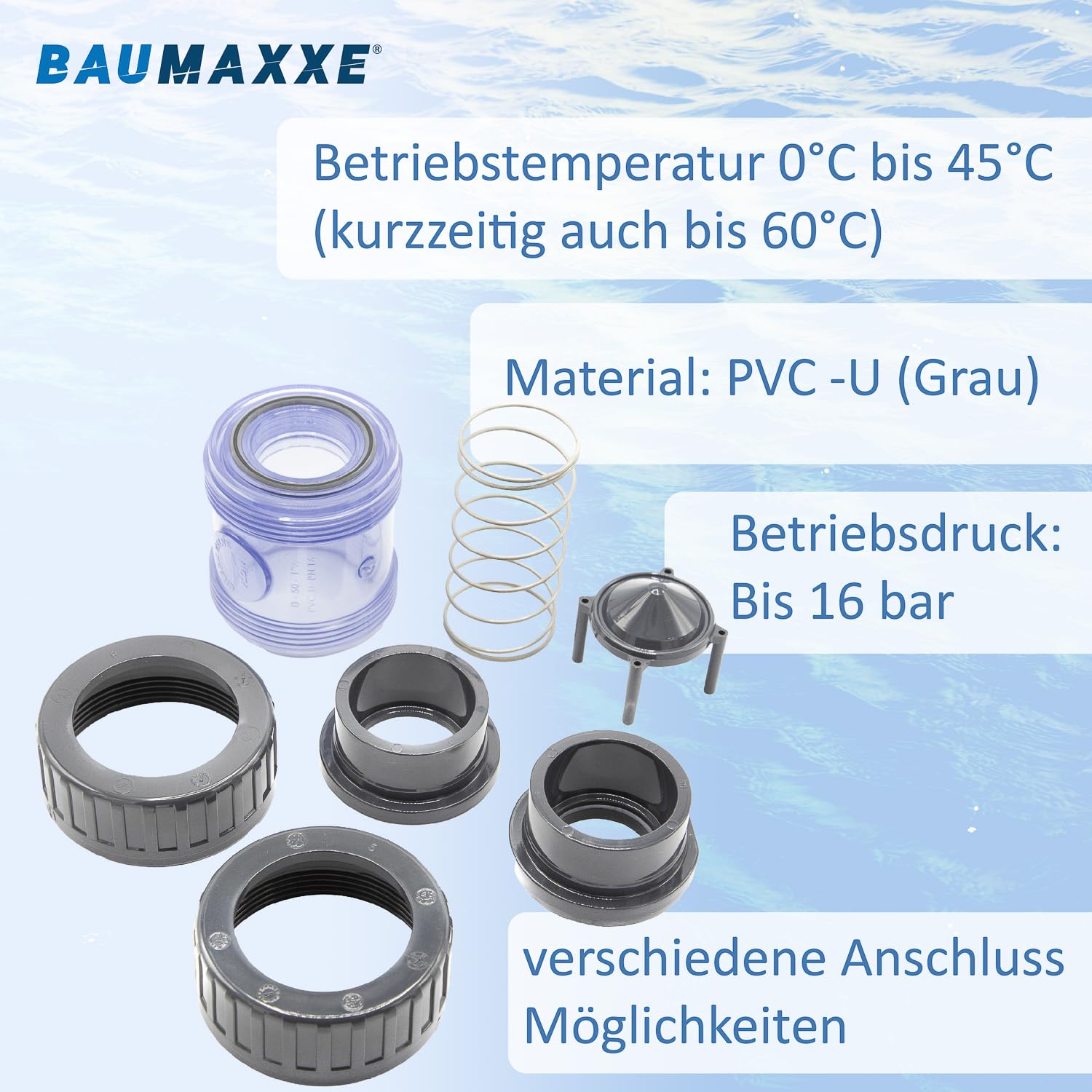 3x PVC Rückschlagventil 50mm federbelastet transparent I 1 1/2 Zoll Pool Kegelrückschlagventil PN16 mit 2 Klebemuffen I Rückflussverhinderer für Poolverrohrung und Teichbau I bm278