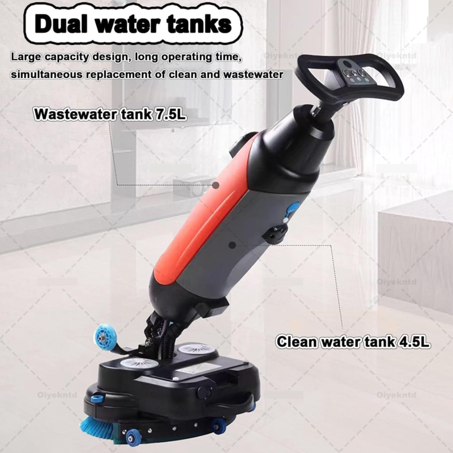 Fregadora de suelos portátil con rotación de 360° para uso comercial, eficiente y apta para suelos de madera, baldosas, terrazo, mármol y cemento, color blanco.
