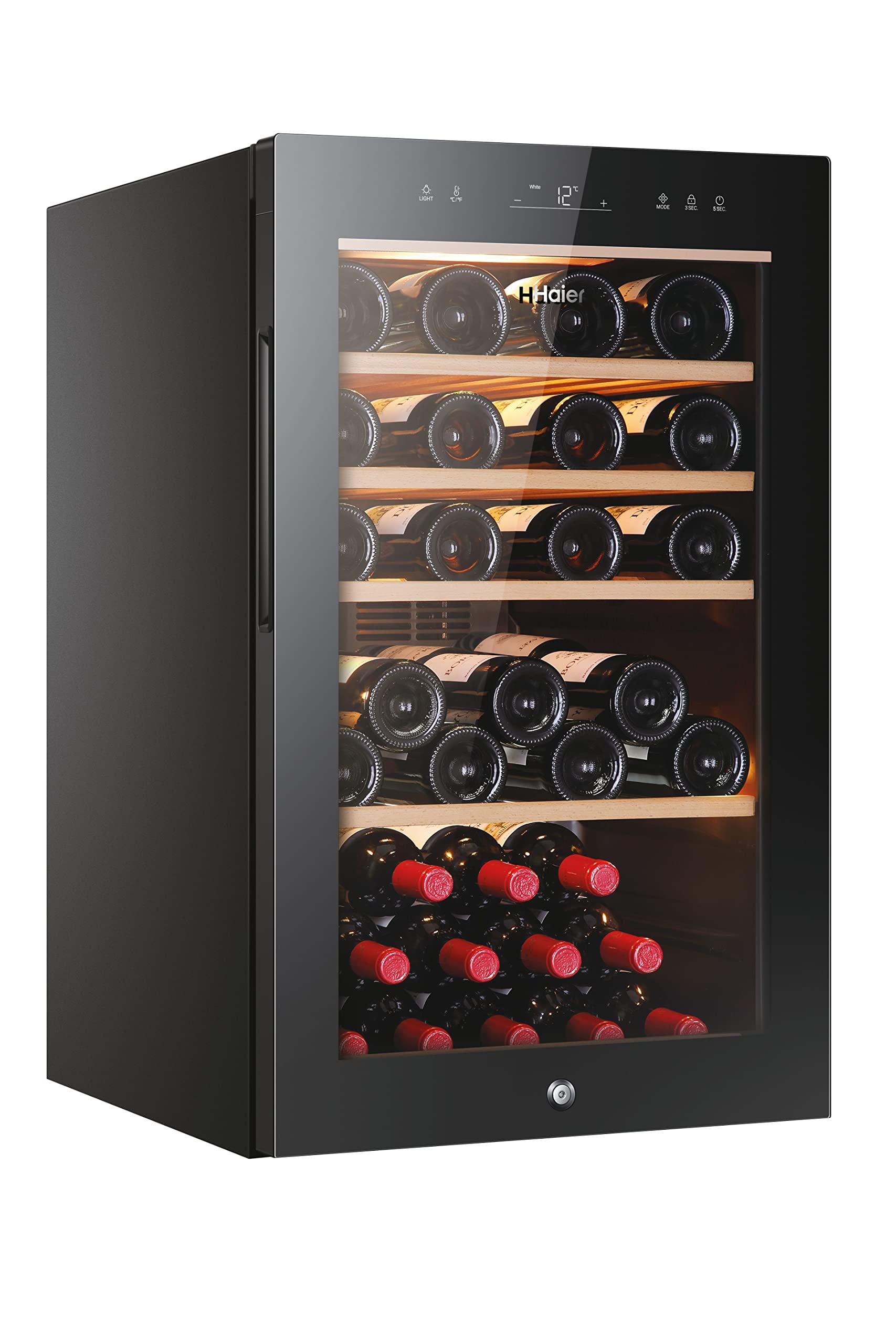 Haier Wine Bank 50 Series 5 HWS49GA stojak na wino, 49 butelek, App hOn, szkło anty-UV, drewniane półki, oświetlenie LED, klasa F, 49,7 x 58,5 x 82 cm, czarny
