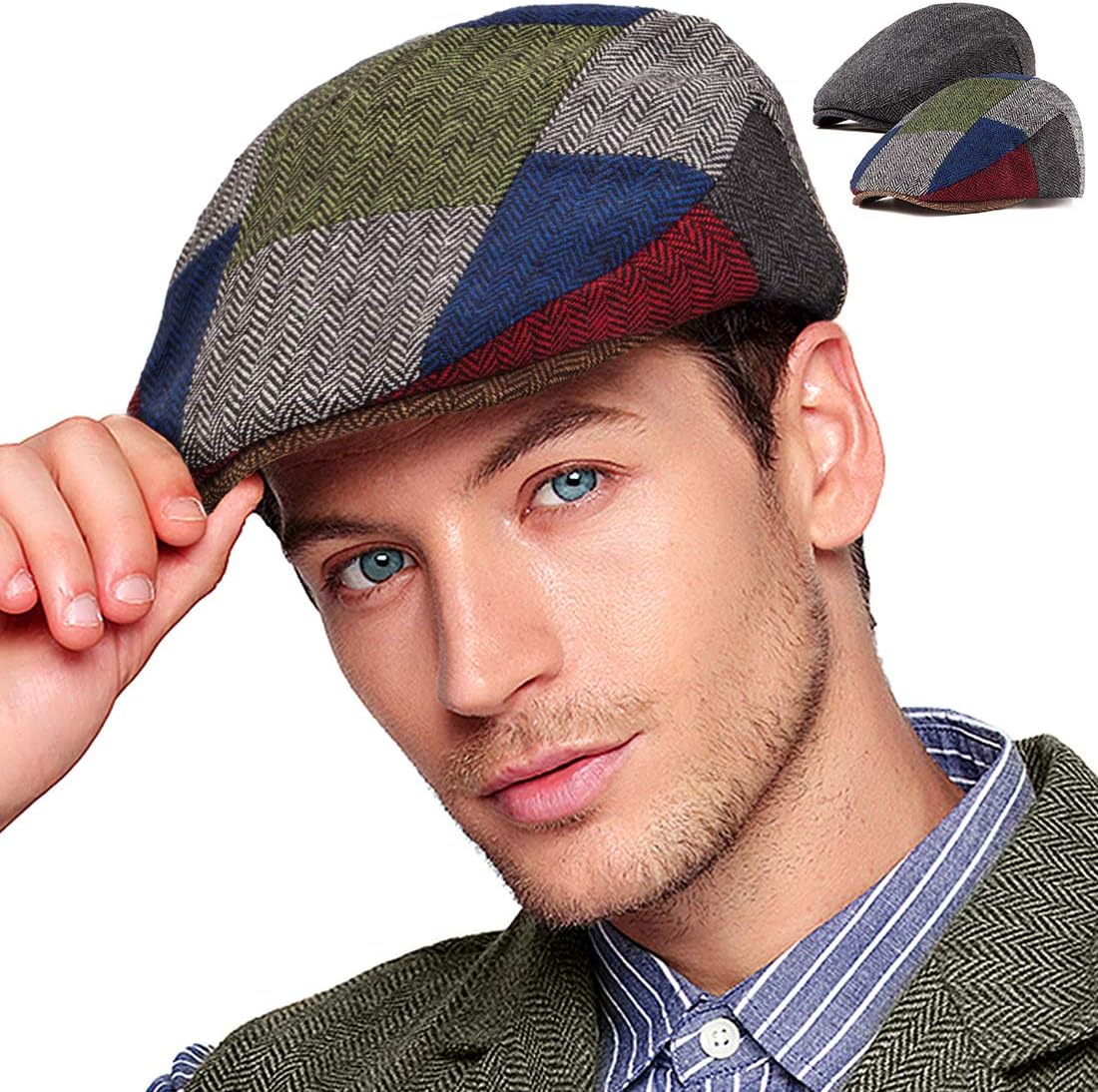 LADYBRO 2Pack Adjustable Newsboy Hats for Men Flat Cap Irish Cabbie Wool Blend Tweed