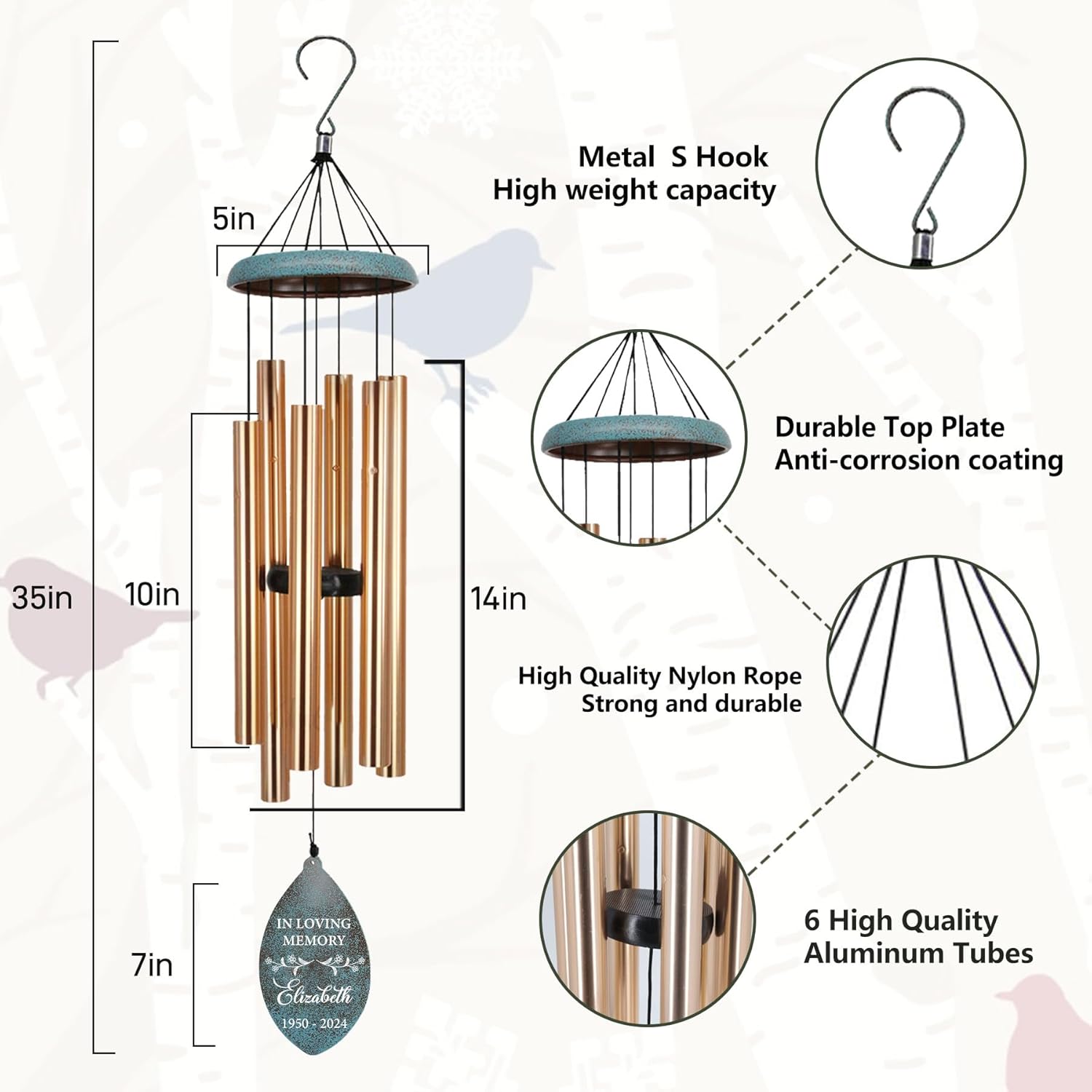 ASTARIN Personalized Name 35" Memorial Wind Chimes for Outside, Metal Sympathy Gifts for Loss of Mother Father Loved One, Bereavement Wind Chime in Memory Gift, Decor Garden Patio,Produced in USA
