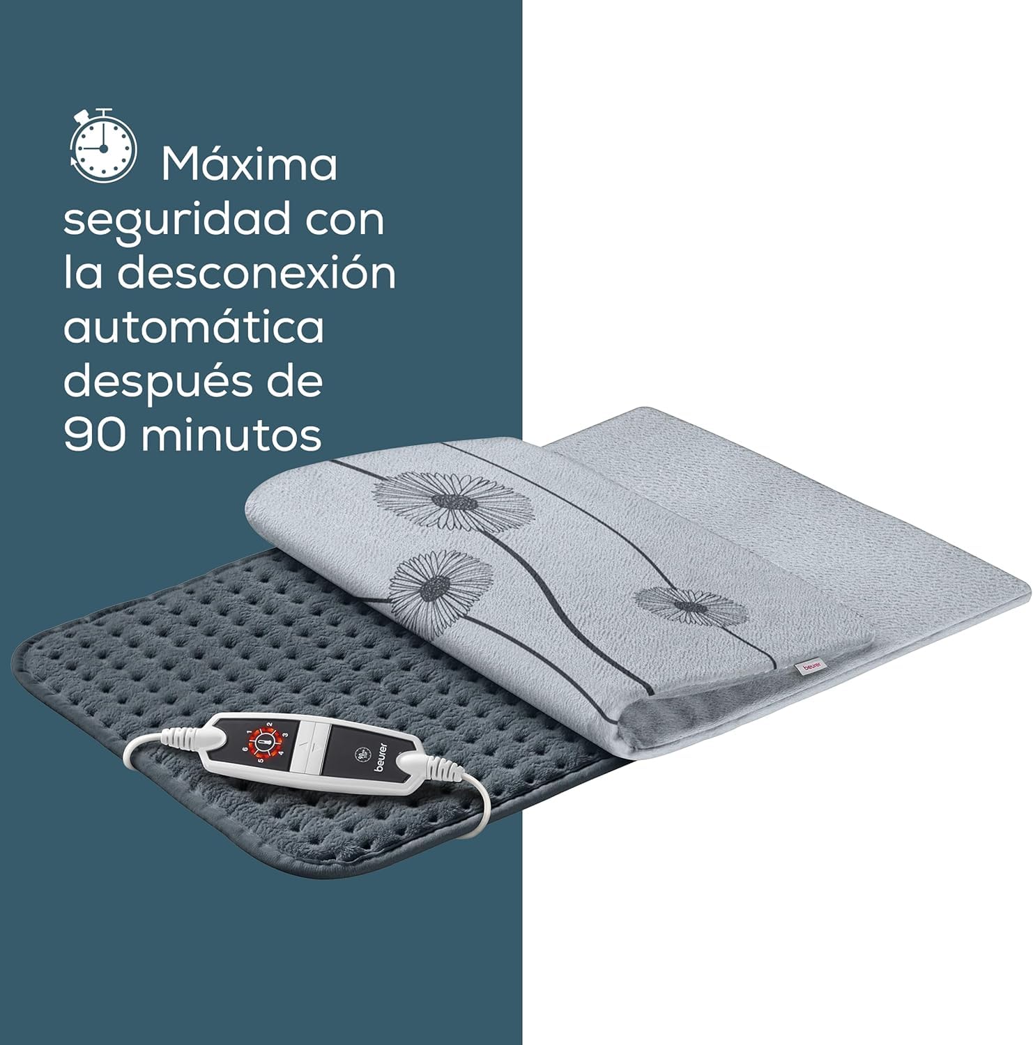 Beurer HK 125 Almohadilla eléctrica, esterilla eléctrica en formato XXL, con 6 ajustes de temperatura, desconexión automática e interruptor LED, lavable a máquina, gris, 60 x 40 cm