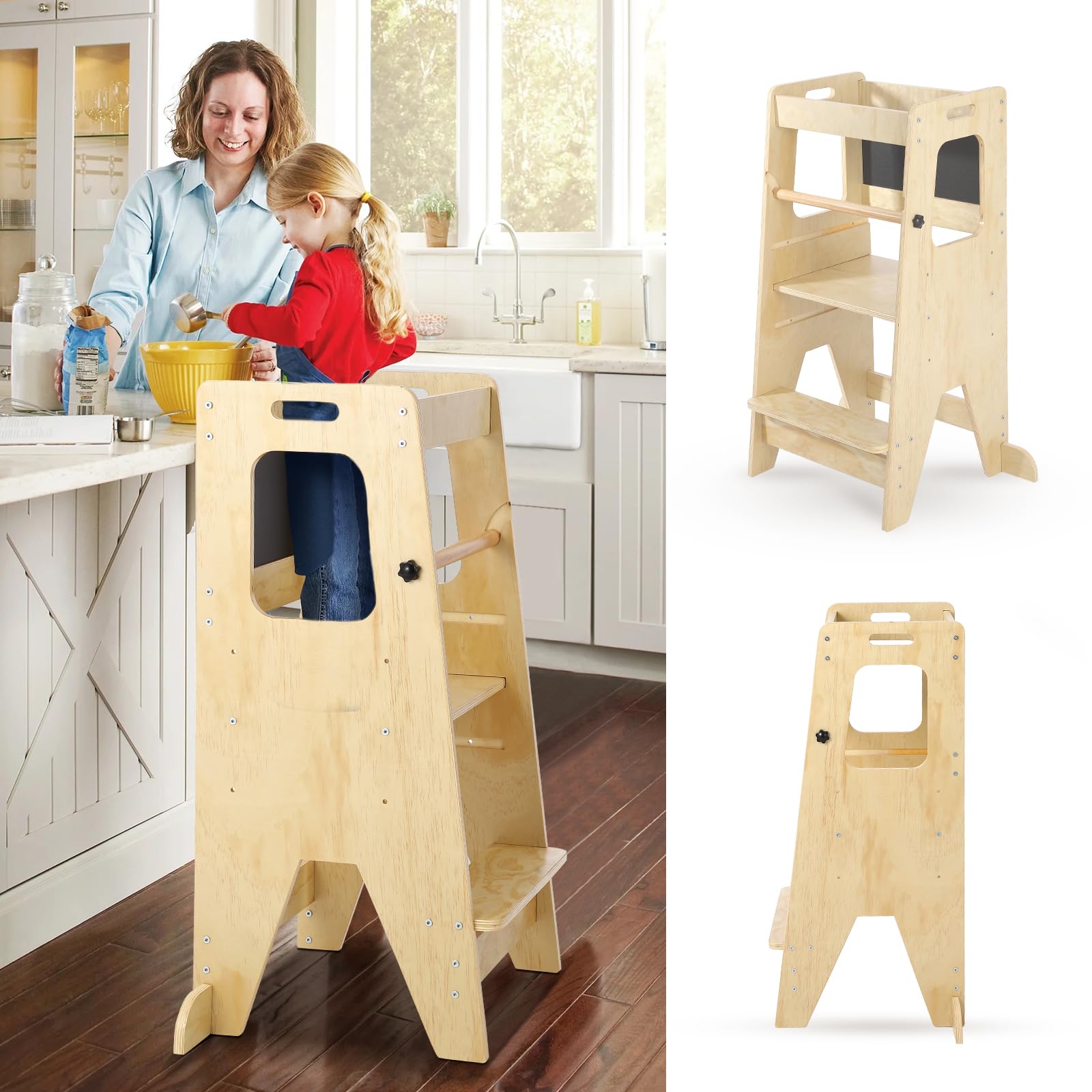pädagogisch wertvoll Lernturm aus Holz für Kleinkinder | Verstellbarer Küchenhelfer/Tritthocker - rutschfest & kippsicher - mit Sicherheitsgeländer & Tafel - inkl. LCD-Zeichentafel