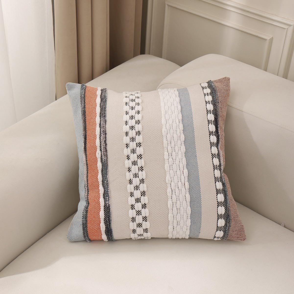 2 Pcs Boho Striped Throw Pillow Covers Square Pillow Cases, 18x18 Inch