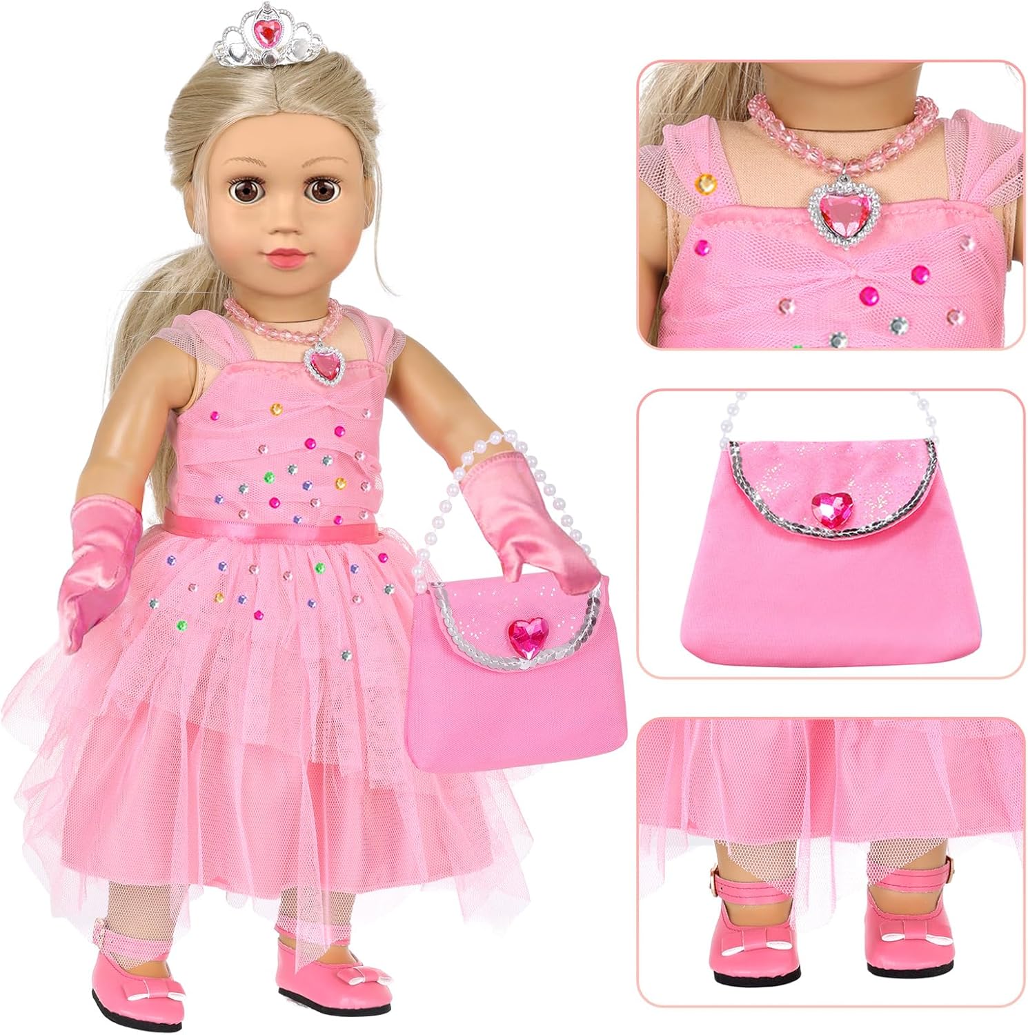 American 18 inch Girl Doll Clothes and Accessories - Princess Dress, Crown, Necklace, Lipstick, Makeup Palette, Nail Kit, Satchel, Gloves, Shoes, Sticky Rhinestones,Hair (No Doll) - Image 4
