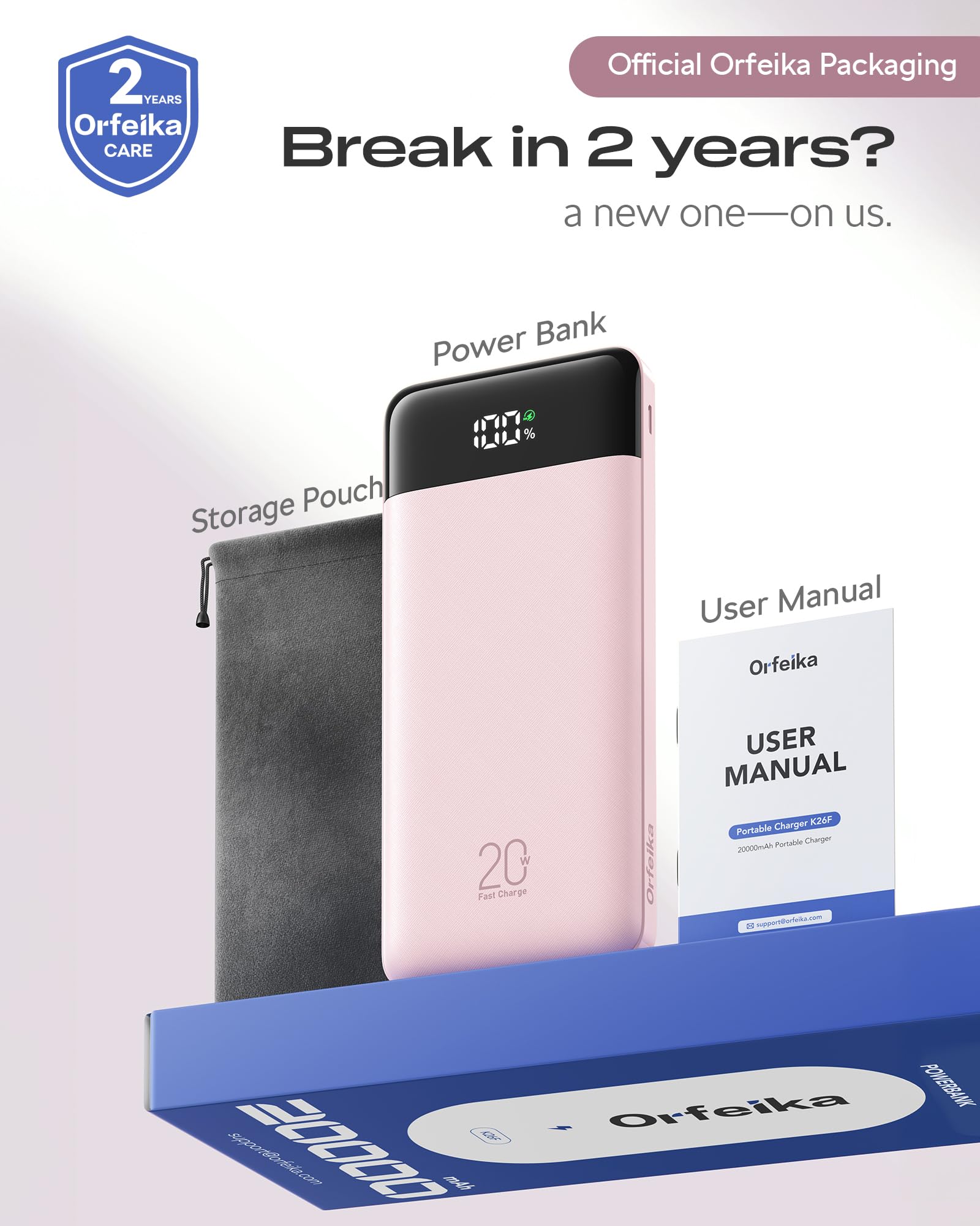 Orfeika 20000mAh Power Bank Schnellladung, tragbares Ladegerät mit 4 integrierten Kabeln & 6 Ausgängen, 20W PD USB C Akku Pack kompatibel mit iPhone 16/15, Galaxy, Android, iPad & mehr (Travel