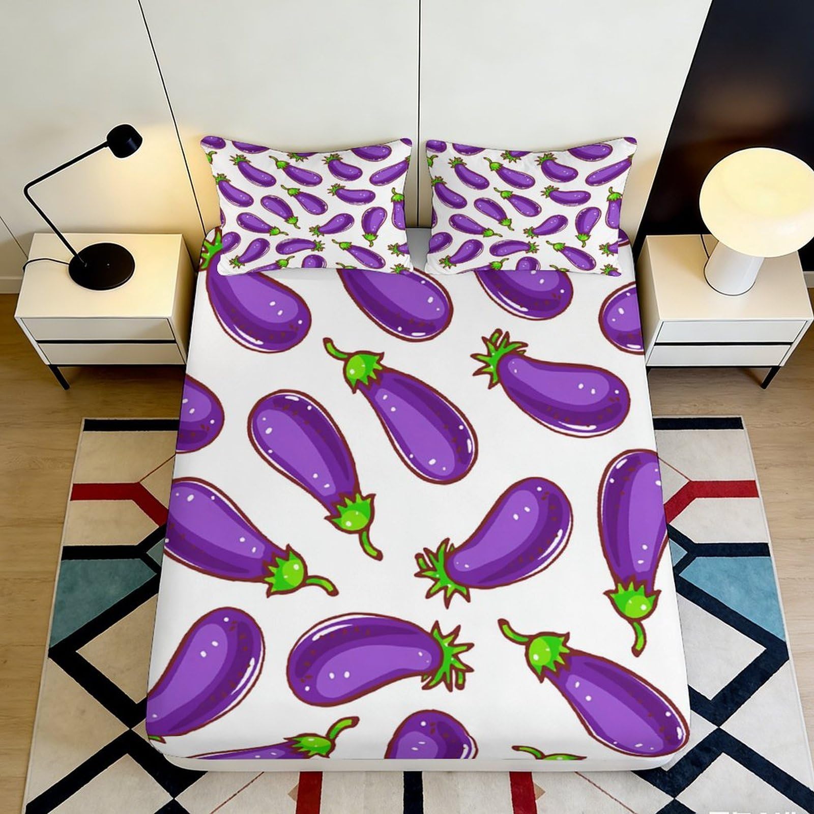 Jqzkxnhpbr Style-6 3D Printed Eggplant Pattern Fitted Sheet Microfiber Soft Purple Vegetable Bed Cover For Bedroom Dorm Decor 90X200x25cm