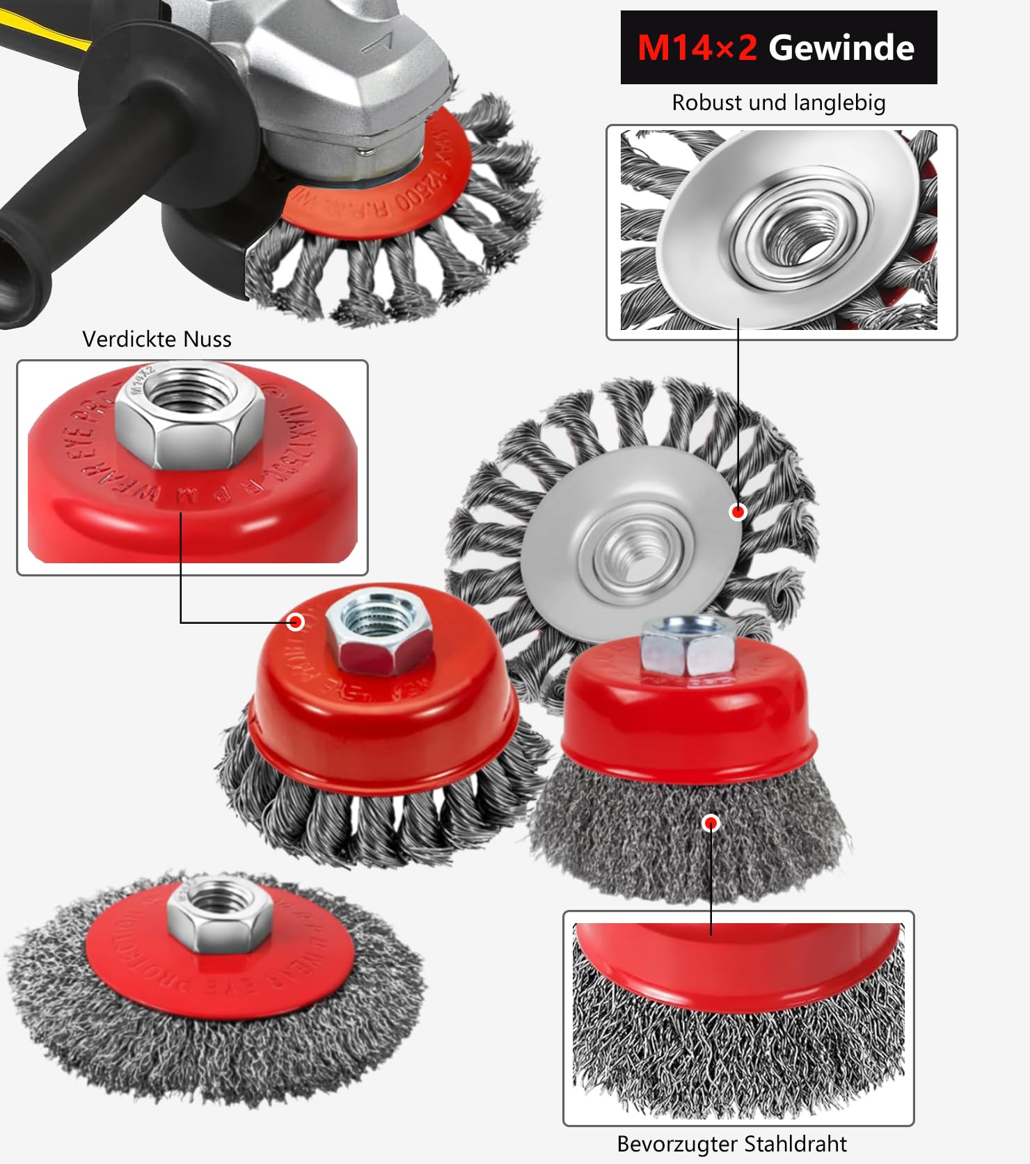 8Stück Drahtbürste Winkelschleifer Set , M14 drahtbürste für winkelschleifer Zubehör Durchmesser 80 mm und 120 mm für Reinigen ,Polier,Schleifen,Entrosten,Entgraten