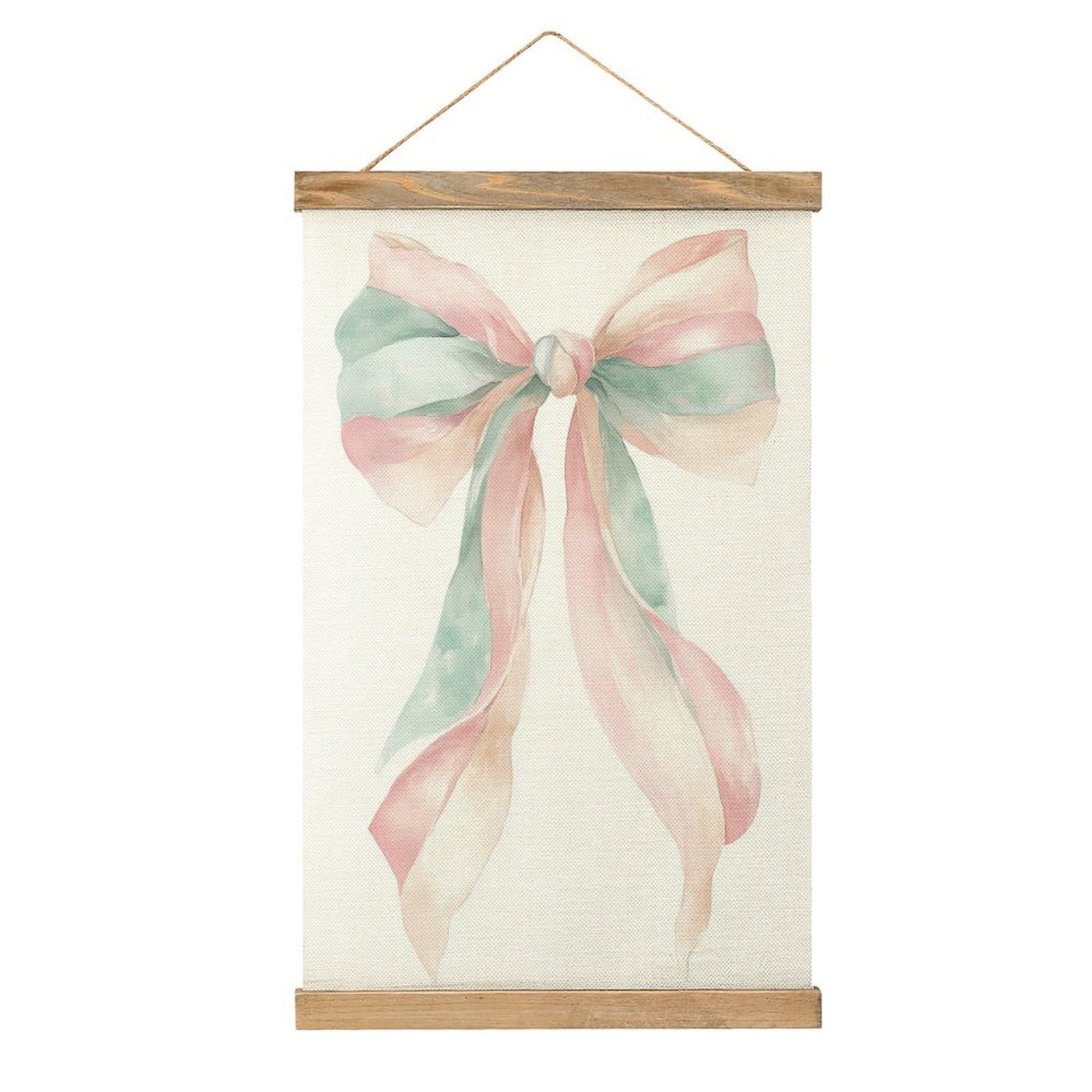 Jubonexis Watercolor Pink Peach Mint Cream Striped Bow Canvas Painting Wood Frames Poster Hanger Hanging Picture Kit Wall Art