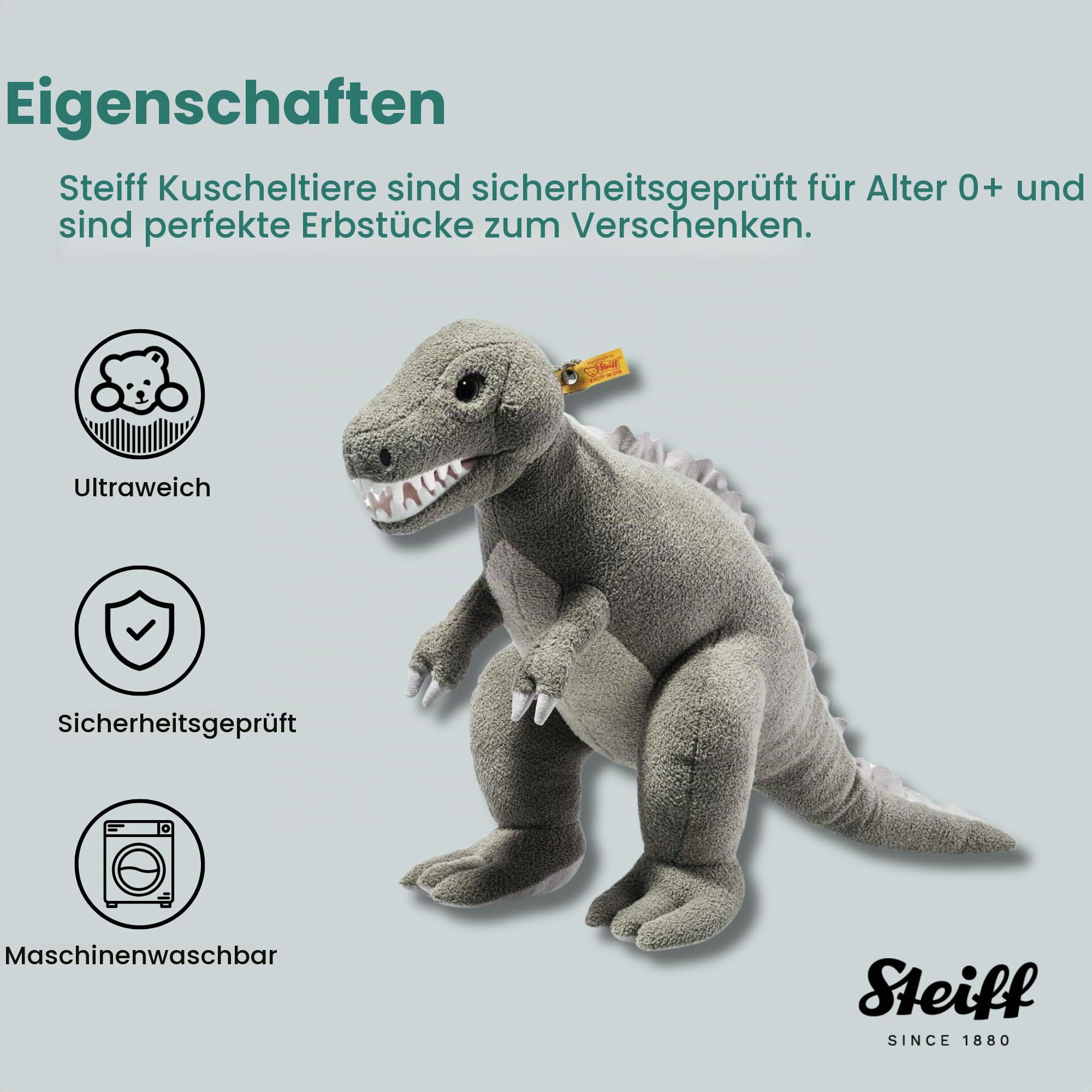 Steiff Kuscheltier Thaisen T-Rex, Süßes Stofftier, Kinder, Jungen & Mädchen, Friends, Plüschtier 45 cm, Hellgrau, 067136