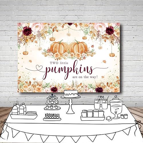 Miniatura 4 de MEHOFOND Telón de fondo de otoño de 7 x 5 pies para baby shower, dos pequeñas calabazas están en camino, rosa rubor, floral, bohemio, pampas,