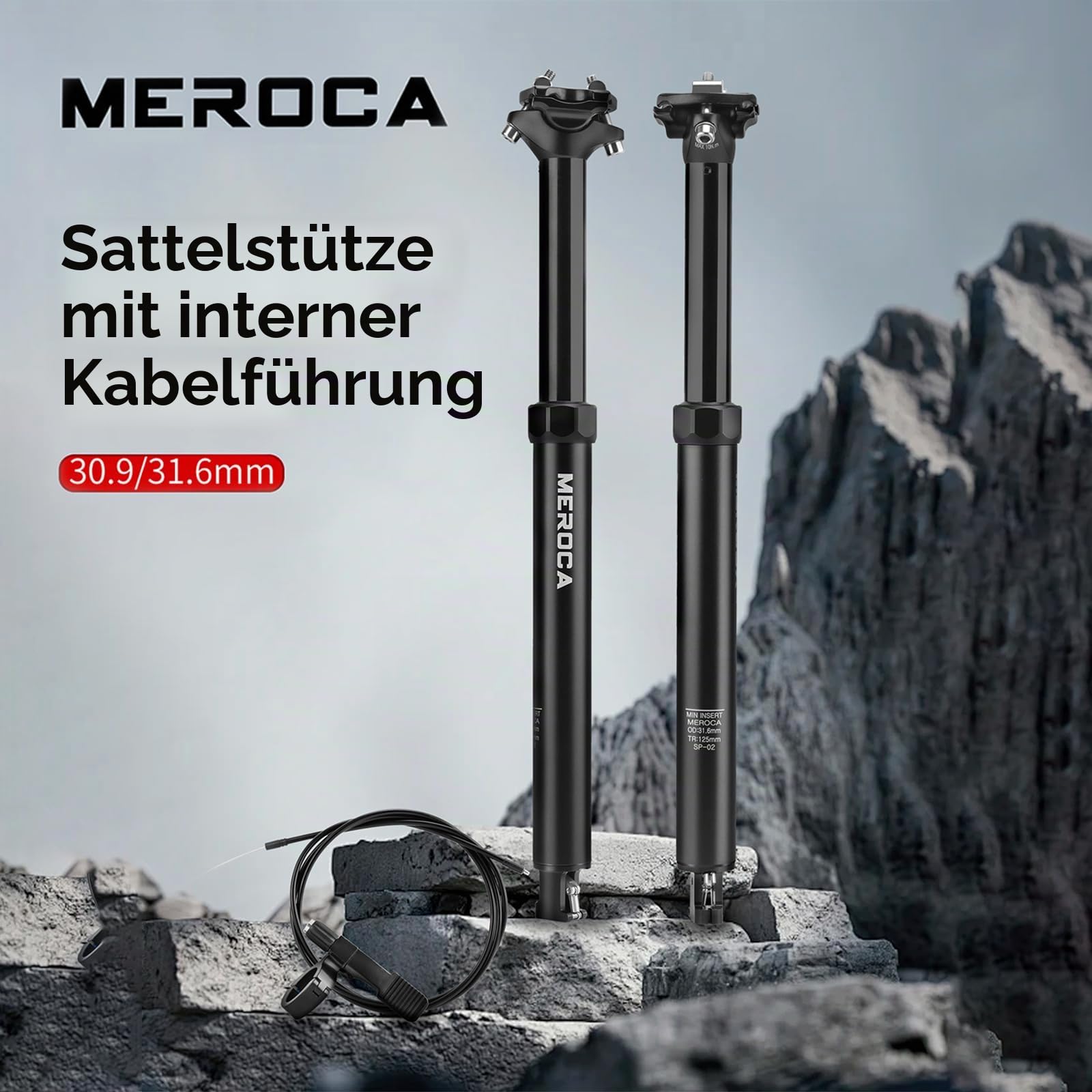 Dropper Sattelstütze für Mountainbike, 30,9/31,6 mm Fahrradsattelstütze, 125 mm Reise, Aluminiumgehäuse, mit Fernbedienungshebel und Kabelsatz, MTB/E-Bike interne Routing
