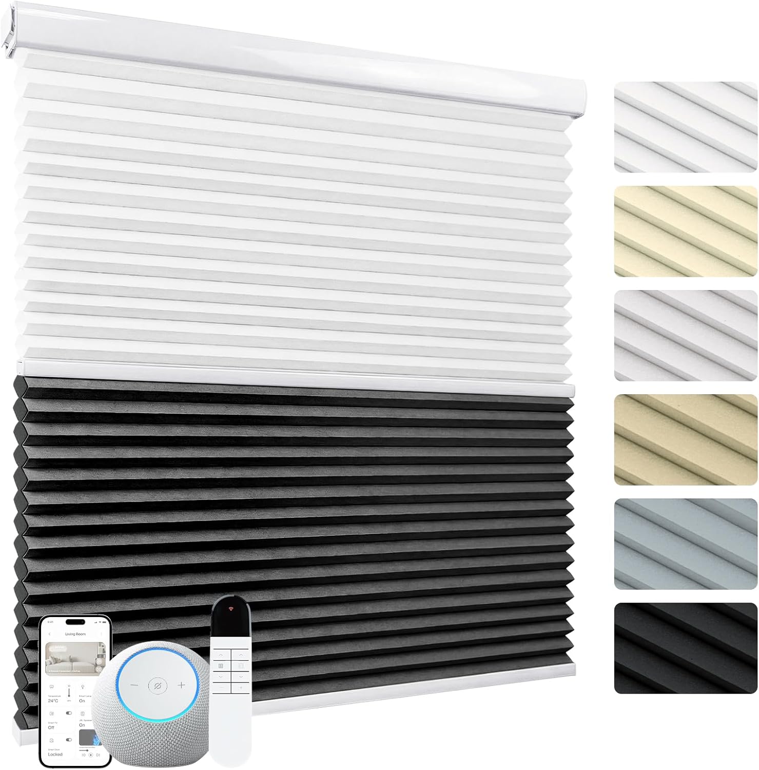 Shade&Beyond Curved Motorized Day Night Cellular Shades, Black 38mm No Drill Blinds for Indoor Windows, Customizable