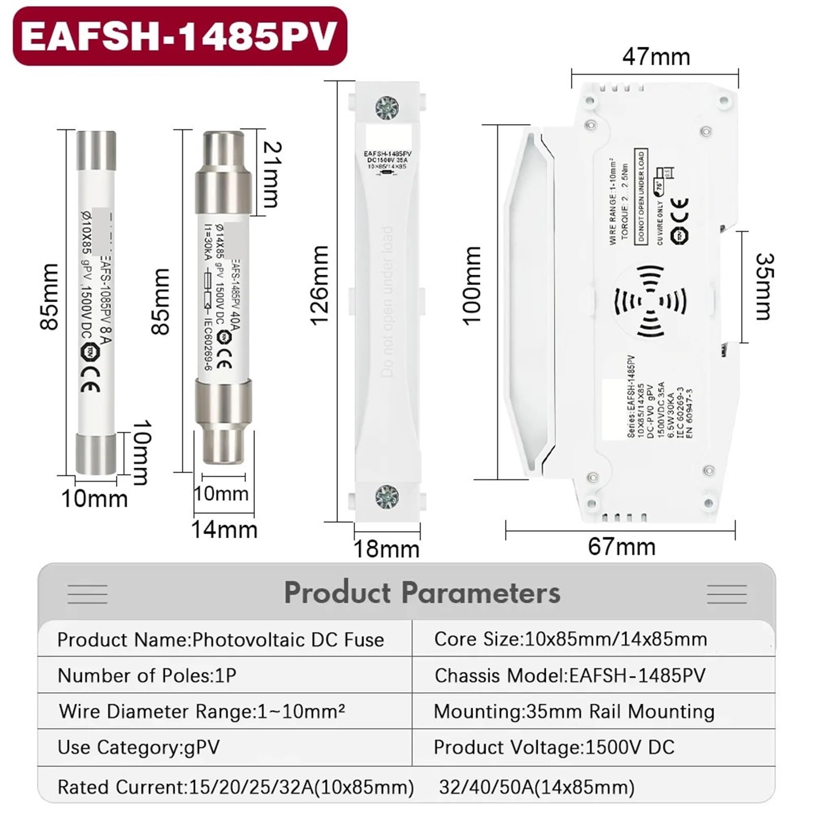 Base portafusibili fotovoltaico 20A 25A 30A su guida Din DC 1000V 1500V(15A,1065 Fuse)