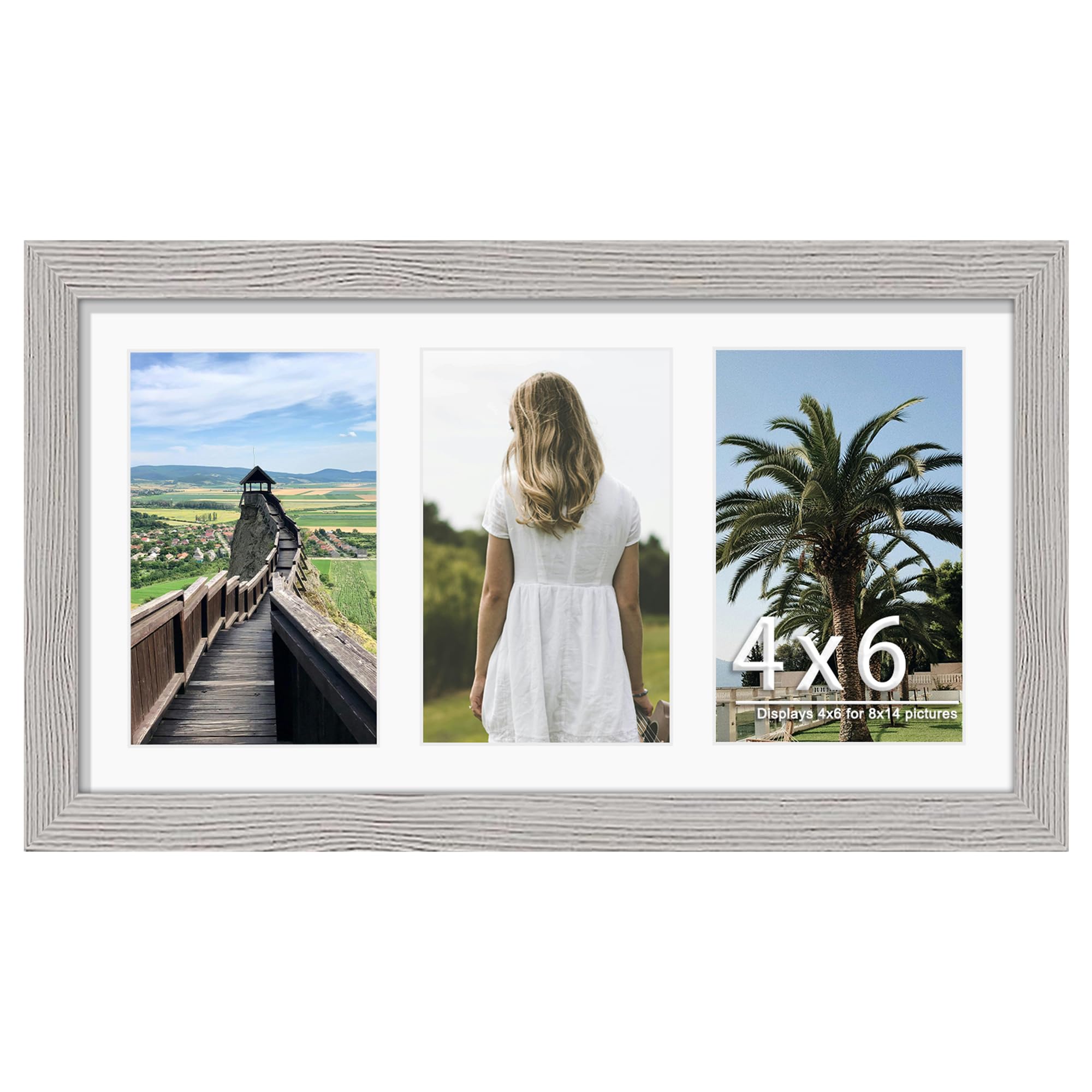 DUENPY 8x14 Collage Picture Frame 4x6 Collage Picture Frame Displays Three 4x6 inch Photos or 8x14 (Without Mat) for Available Horizontal Wall Mounting Display and Vertical Grey