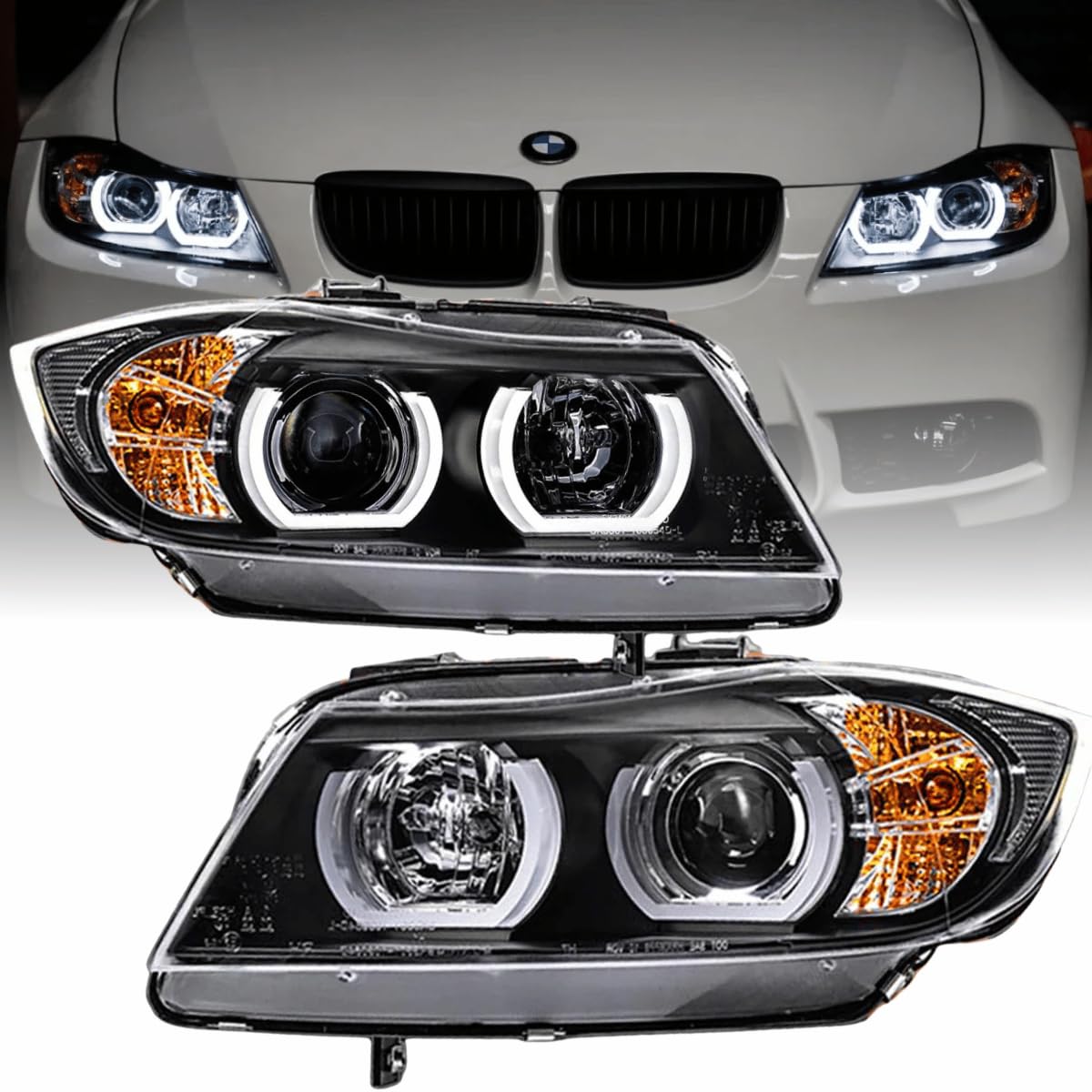Xenon Scheinwerfer Set Schwarz für BMW 3er E90 Limousine & E91 Touring 2005–2008 | 3D Angel Eyes | D1S
