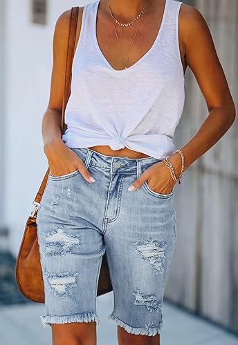 Miniatura 5 de Metietila Bermudas de mezclilla rasgadas de media altura para mujer, pantalones cortos de mezclilla elásticos con dobladillo deshilachado