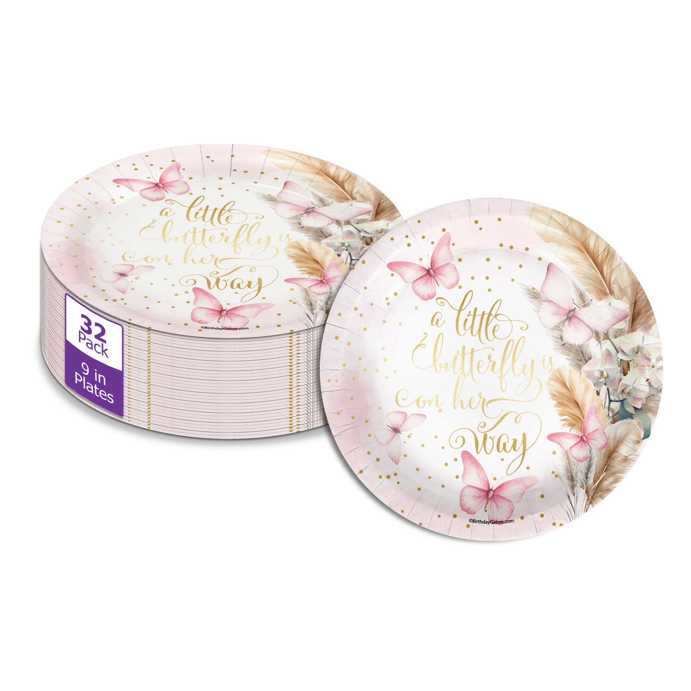 Birthday Galore Butterfly on Her Way Baby Shower - 32 Piece Disposable Party Supplies - Girl's Baby Shower Decorations - Round Party Plates - Large 9"
